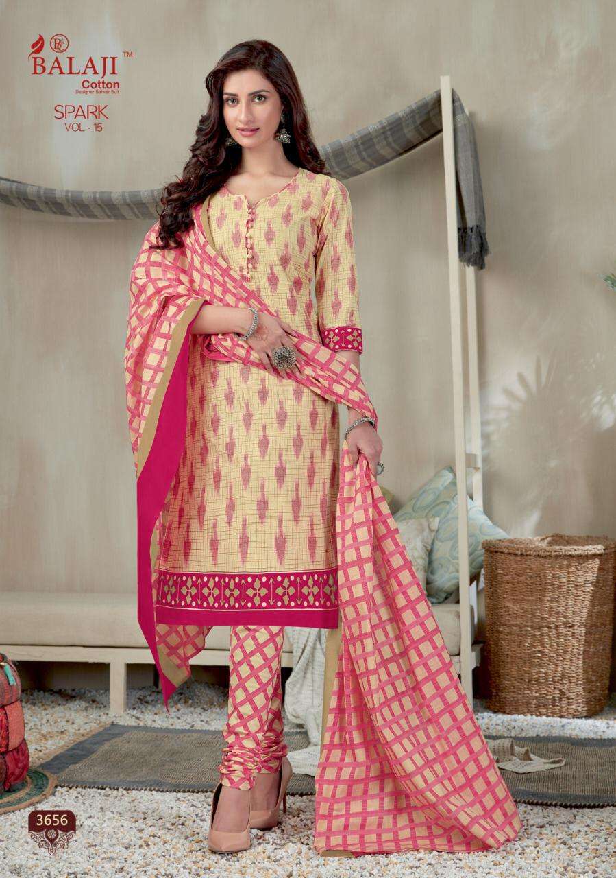 SPARK VOL-15 BY BALAJI COTTON 3651 TO 3666 SERIES DESIGNER PATIYALA SUITS BEAUTIFUL FANCY COLORFUL STYLISH PARTY WEAR & ETHNIC WEAR PURE COTTON PRINTED DRESSES AT WHOLESALE PRICE