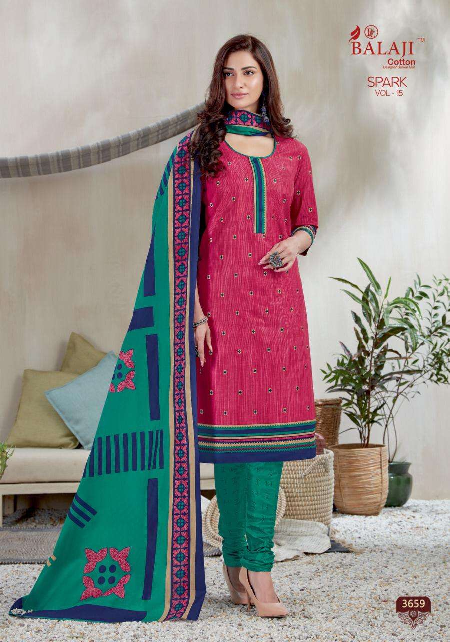 SPARK VOL-15 BY BALAJI COTTON 3651 TO 3666 SERIES DESIGNER PATIYALA SUITS BEAUTIFUL FANCY COLORFUL STYLISH PARTY WEAR & ETHNIC WEAR PURE COTTON PRINTED DRESSES AT WHOLESALE PRICE