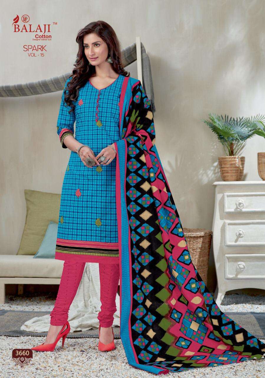 SPARK VOL-15 BY BALAJI COTTON 3651 TO 3666 SERIES DESIGNER PATIYALA SUITS BEAUTIFUL FANCY COLORFUL STYLISH PARTY WEAR & ETHNIC WEAR PURE COTTON PRINTED DRESSES AT WHOLESALE PRICE