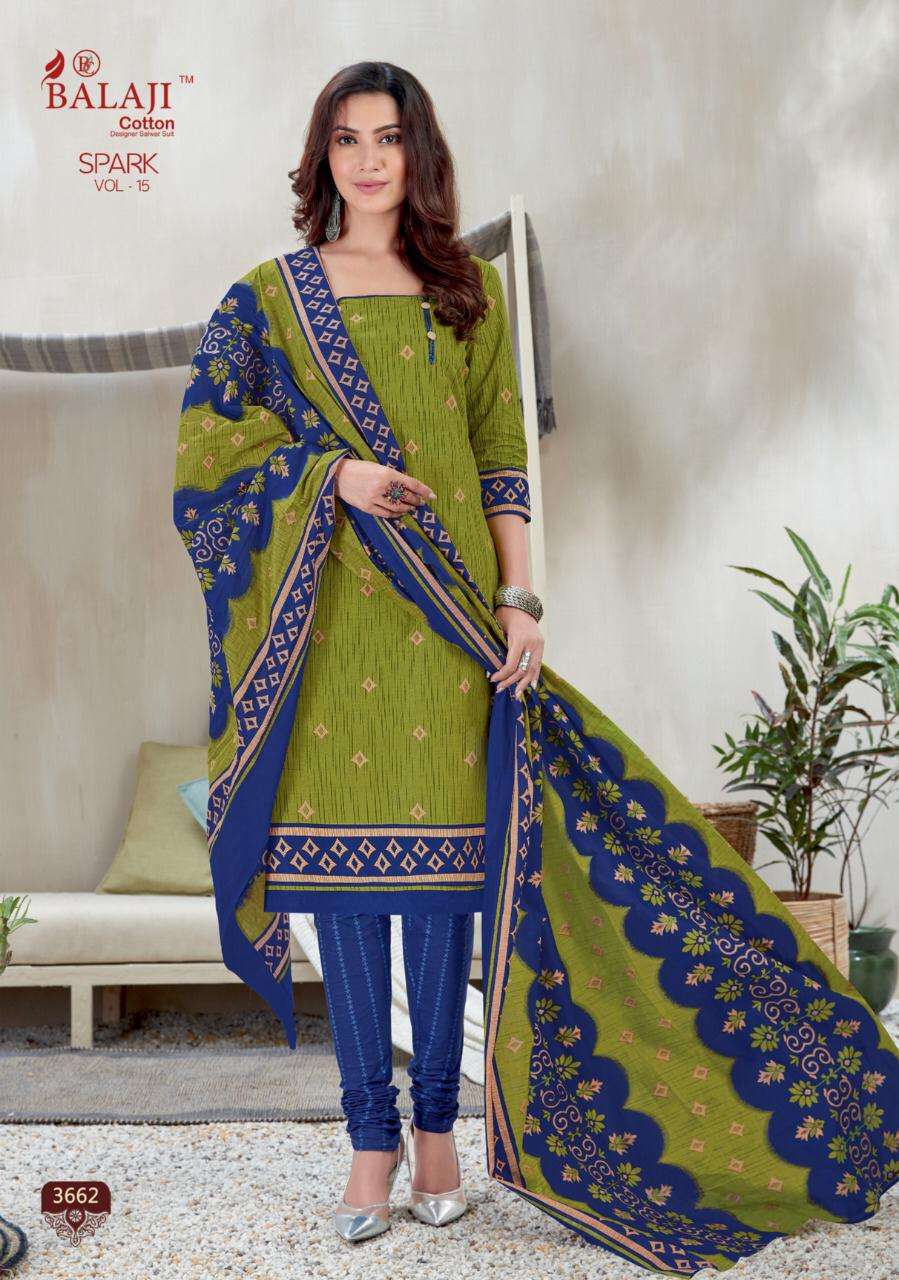 SPARK VOL-15 BY BALAJI COTTON 3651 TO 3666 SERIES DESIGNER PATIYALA SUITS BEAUTIFUL FANCY COLORFUL STYLISH PARTY WEAR & ETHNIC WEAR PURE COTTON PRINTED DRESSES AT WHOLESALE PRICE