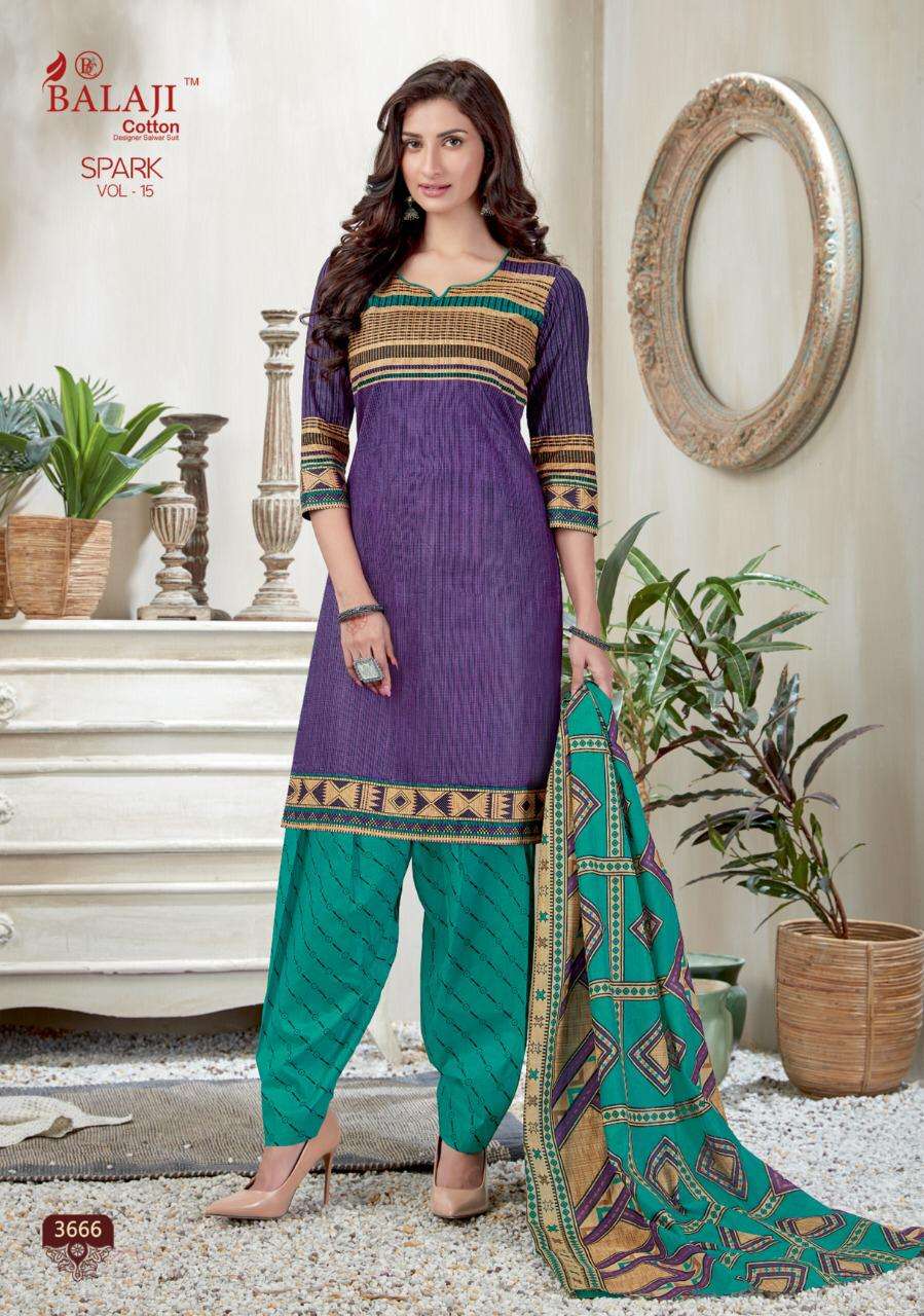 SPARK VOL-15 BY BALAJI COTTON 3651 TO 3666 SERIES DESIGNER PATIYALA SUITS BEAUTIFUL FANCY COLORFUL STYLISH PARTY WEAR & ETHNIC WEAR PURE COTTON PRINTED DRESSES AT WHOLESALE PRICE