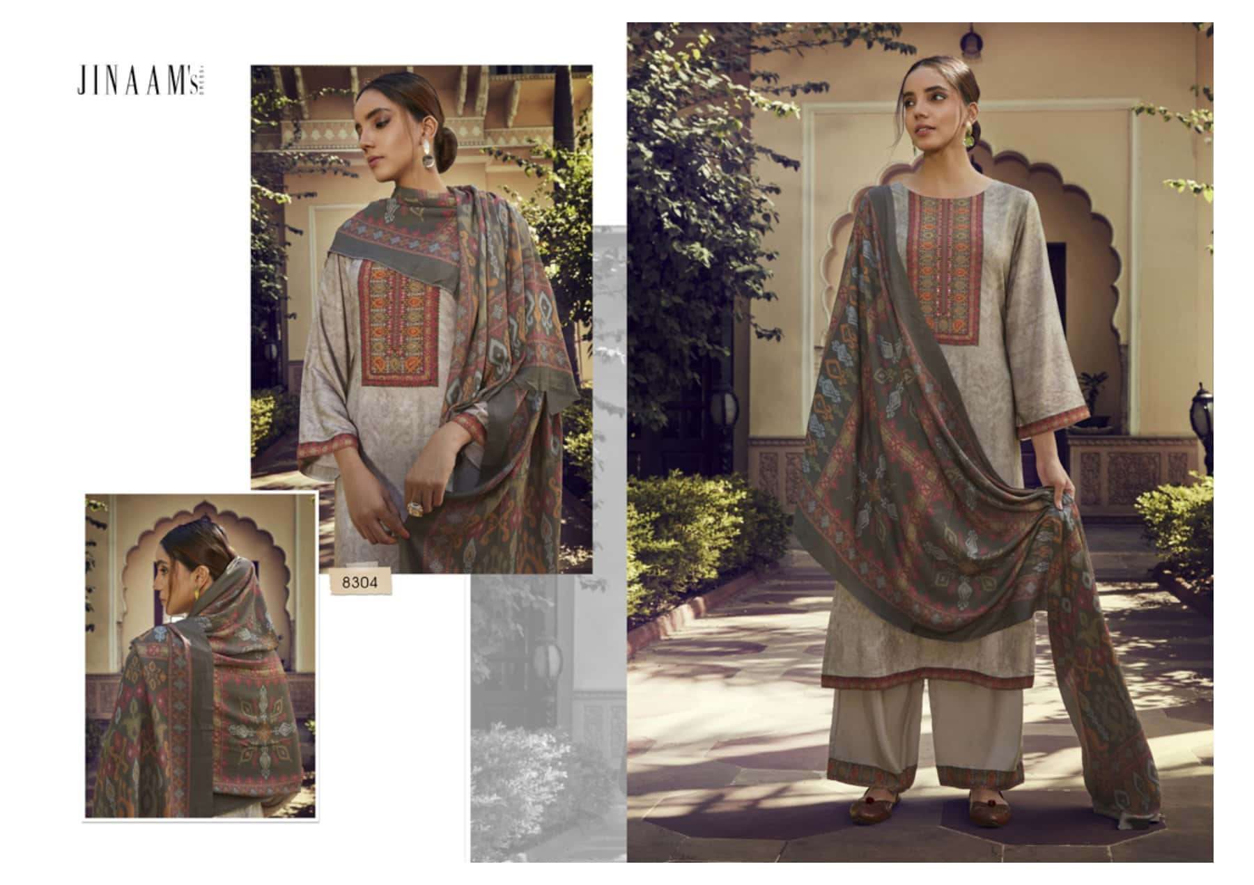 IKKAT BY JINAAM DRESSES 8303 TO 8307 SERIES DESIGNER SUITS BEAUTIFUL STYLISH FANCY COLORFUL PARTY WEAR & OCCASIONAL WEAR STAPLE PASHMINA DRESSES AT WHOLESALE PRICE