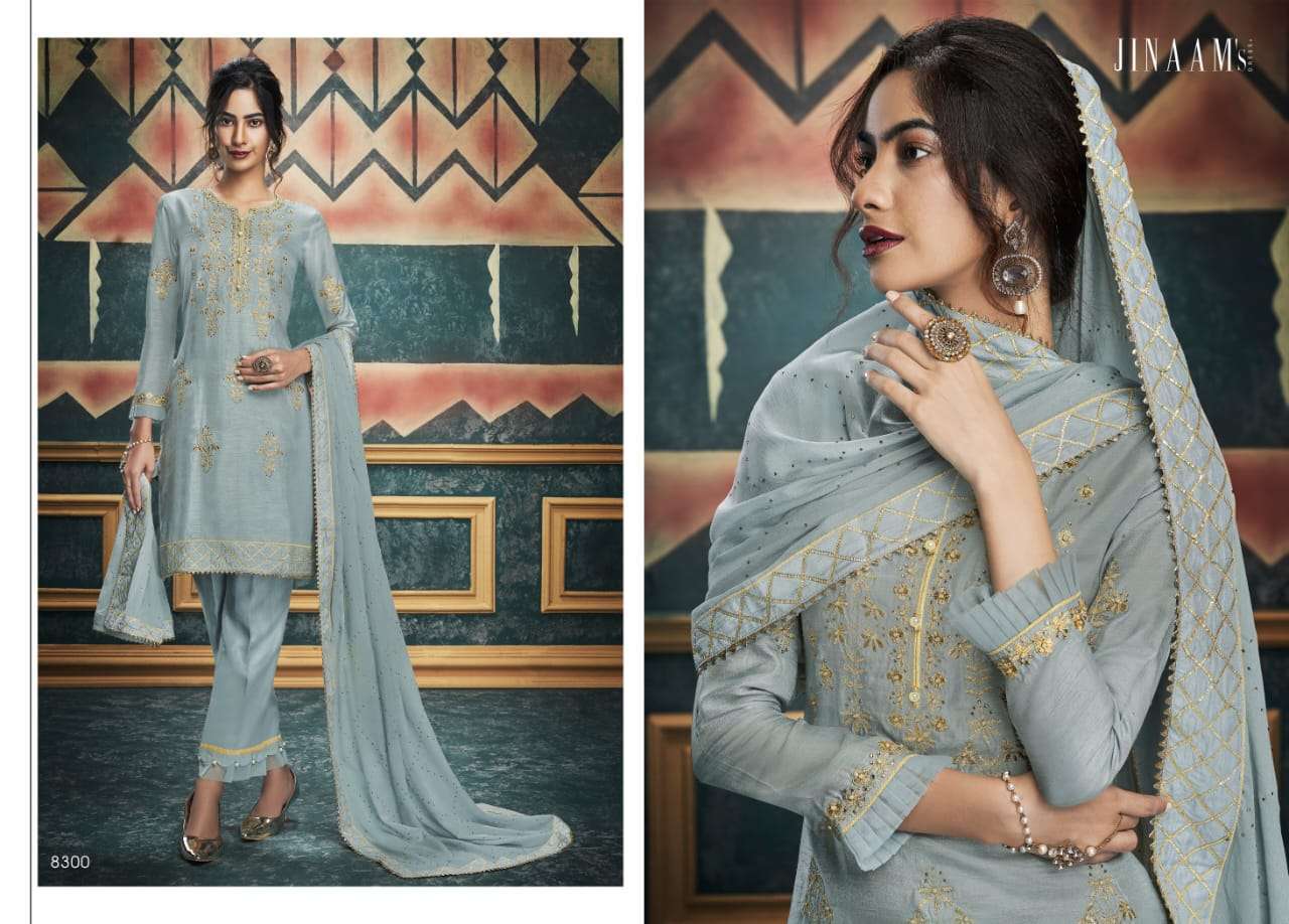 ALISHA BY JINAAM DRESSES 8297 TO 8303 SERIES SUITS BEAUTIFUL FANCY COLORFUL STYLISH PARTY WEAR & OCCASIONAL WEAR DYED RUSSIAN SILK WITH EMBROIDERY DRESSES AT WHOLESALE PRICE