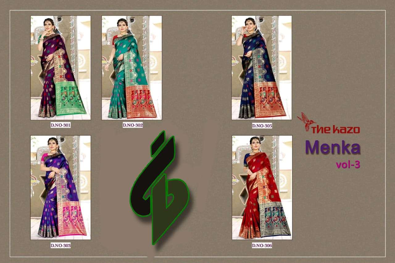 MENKA VOL-3 BY THE KAZO INDIAN TRADITIONAL WEAR COLLECTION BEAUTIFUL STYLISH FANCY COLORFUL PARTY WEAR & OCCASIONAL WEAR BANARASI SILK SAREES AT WHOLESALE PRICE