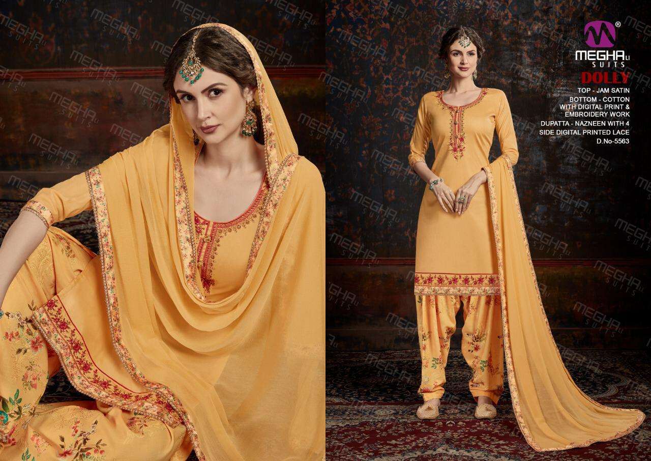 DOLLY BY MEGHALI SUITS 5559 TO 5564 SERIES BEAUTIFUL SUITS STYLISH FANCY COLORFUL CASUAL WEAR & ETHNIC WEAR JAM SATIN WITH EMBROIDERY DRESSES AT WHOLESALE PRICE