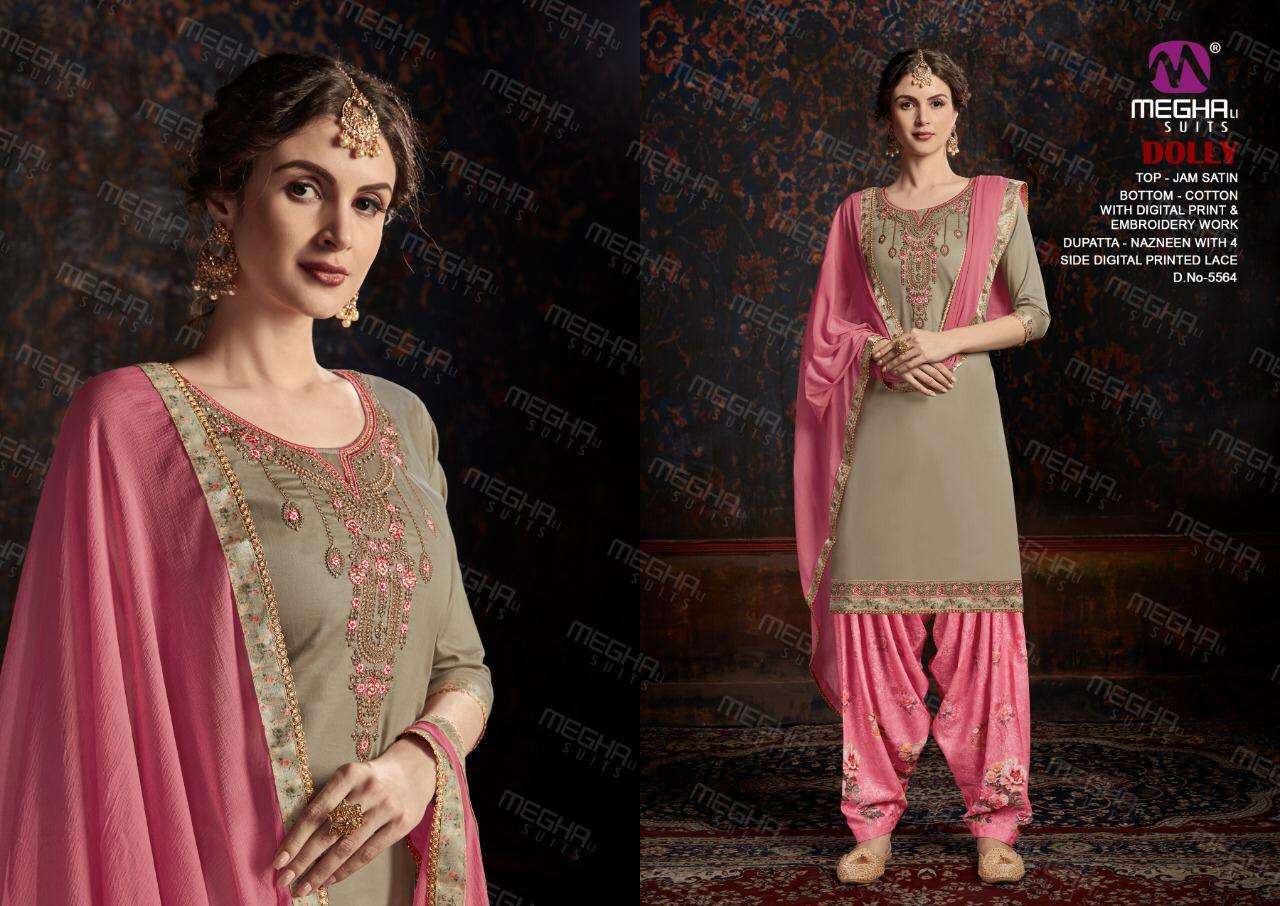 DOLLY BY MEGHALI SUITS 5559 TO 5564 SERIES BEAUTIFUL SUITS STYLISH FANCY COLORFUL CASUAL WEAR & ETHNIC WEAR JAM SATIN WITH EMBROIDERY DRESSES AT WHOLESALE PRICE