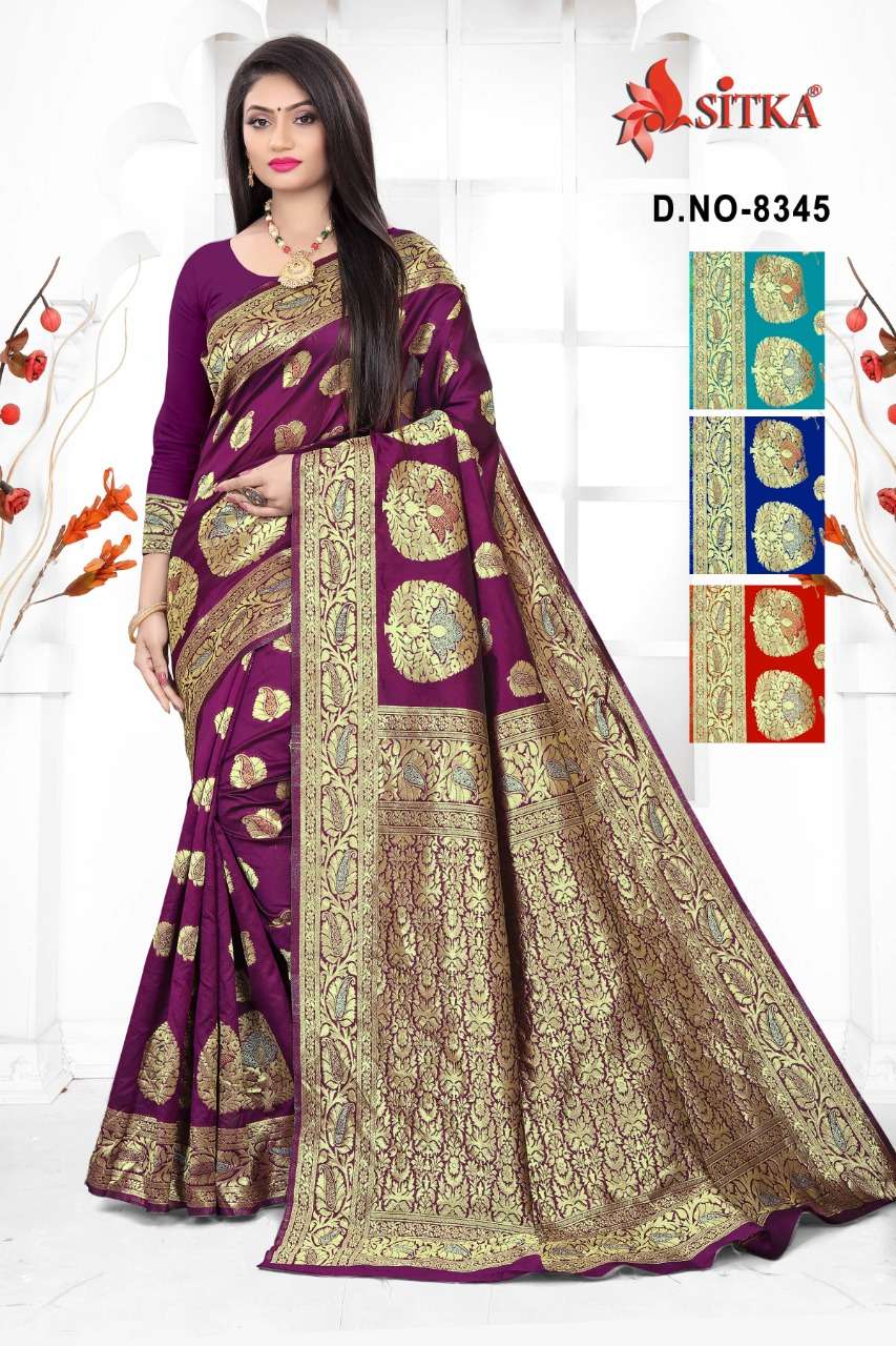 UJLE SITARE 8345 BY SITKA 8345-A TO 8345-D SERIES INDIAN TRADITIONAL WEAR COLLECTION BEAUTIFUL STYLISH FANCY COLORFUL PARTY WEAR & OCCASIONAL WEAR SILK SAREES AT WHOLESALE PRICE