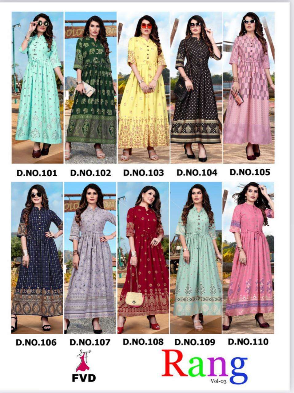 RANG VOL-3 BY FVD 145 TO 154 BEAUTIFUL STYLISH FANCY COLORFUL CASUAL WEAR & ETHNIC WEAR & READY TO WEAR RAYON PRINTED GOWNS AT WHOLESALE PRICE