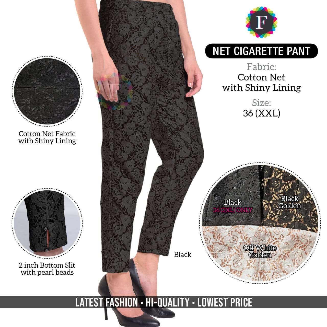 CIGARETTE PANTS BY FIESTA 01 TO 03 SERIES BEAUTIFUL STYLISH FANCY COLORFUL PARTY WEAR & ETHNIC WEAR COTTON NET PANTS AT WHOLESALE PRICE