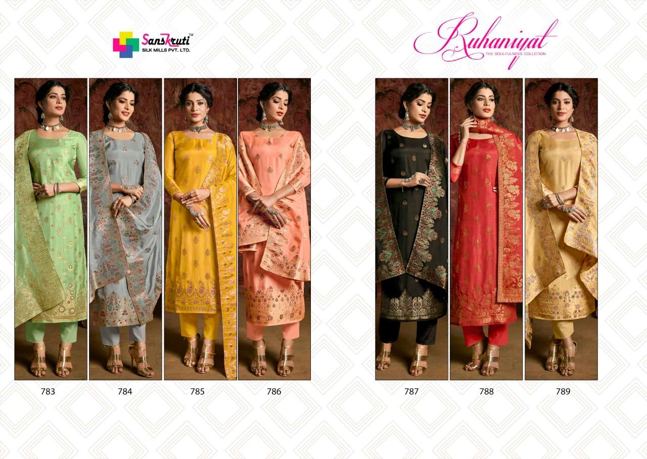 RUHANIYAT BY SANSKRUTI SILK MILLS 783 TO 789 SERIES BEAUTIFUL STYLISH SUITS FANCY COLORFUL CASUAL WEAR & ETHNIC WEAR & READY TO WEAR RUSSIAN MEENAKARI JACQUARD DRESSES AT WHOLESALE PRICE