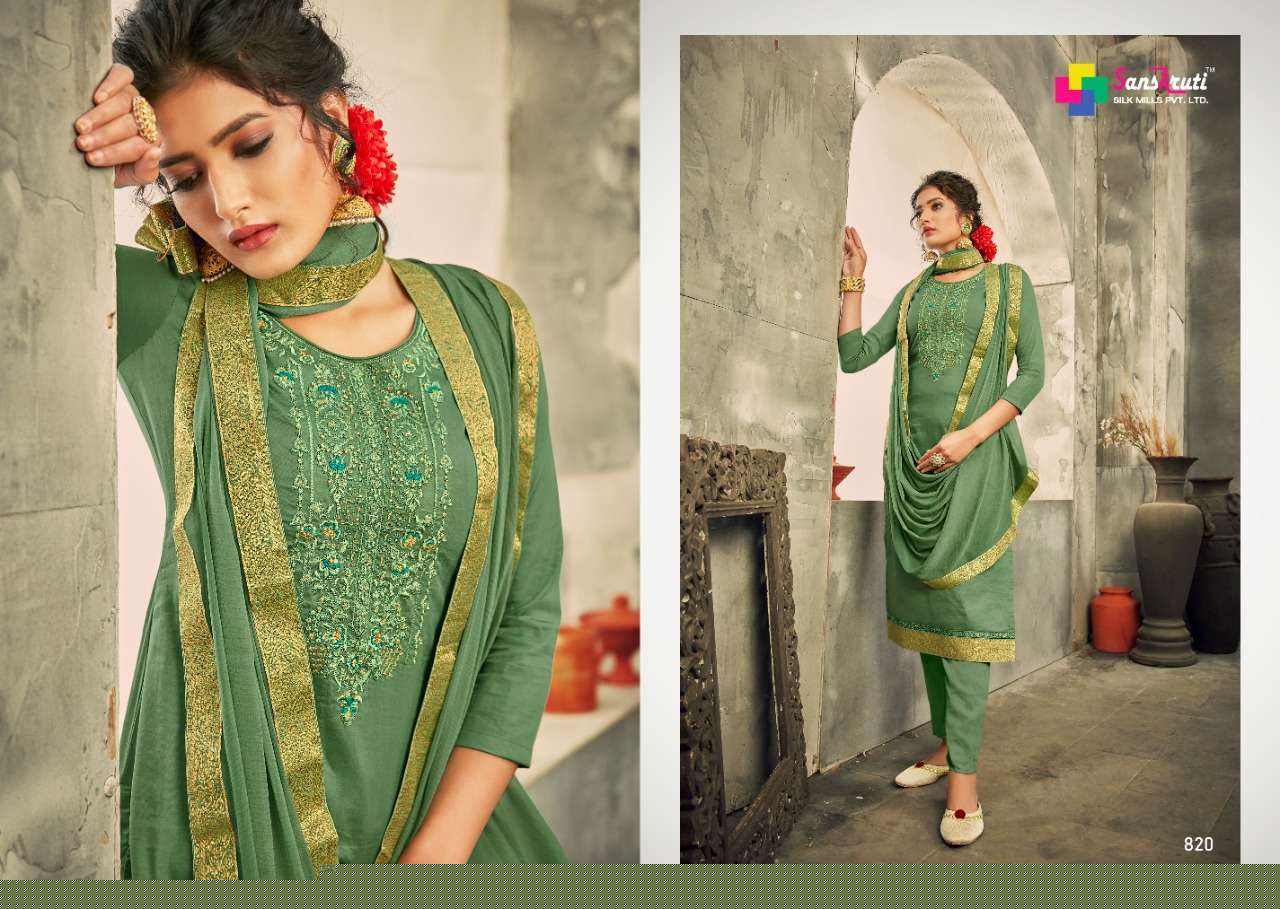SARAH BY SANSKRUTI SILK MILLS 819 TO 824 SERIES DESIGNER SUITS BEAUTIFUL STYLISH FANCY COLORFUL PARTY WEAR & OCCASIONAL WEAR PURE JAM SILK EMBROIDERED DRESSES AT WHOLESALE PRICE
