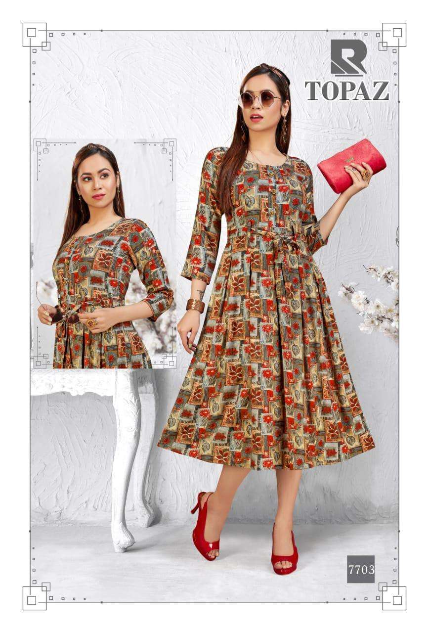 TOPAZ BY RAASHI 7701 TO 7708 SERIES BEAUTIFUL STYLISH FANCY COLORFUL CASUAL WEAR & ETHNIC WEAR & READY TO WEAR RAYON PRINTED KURTIS AT WHOLESALE PRICE