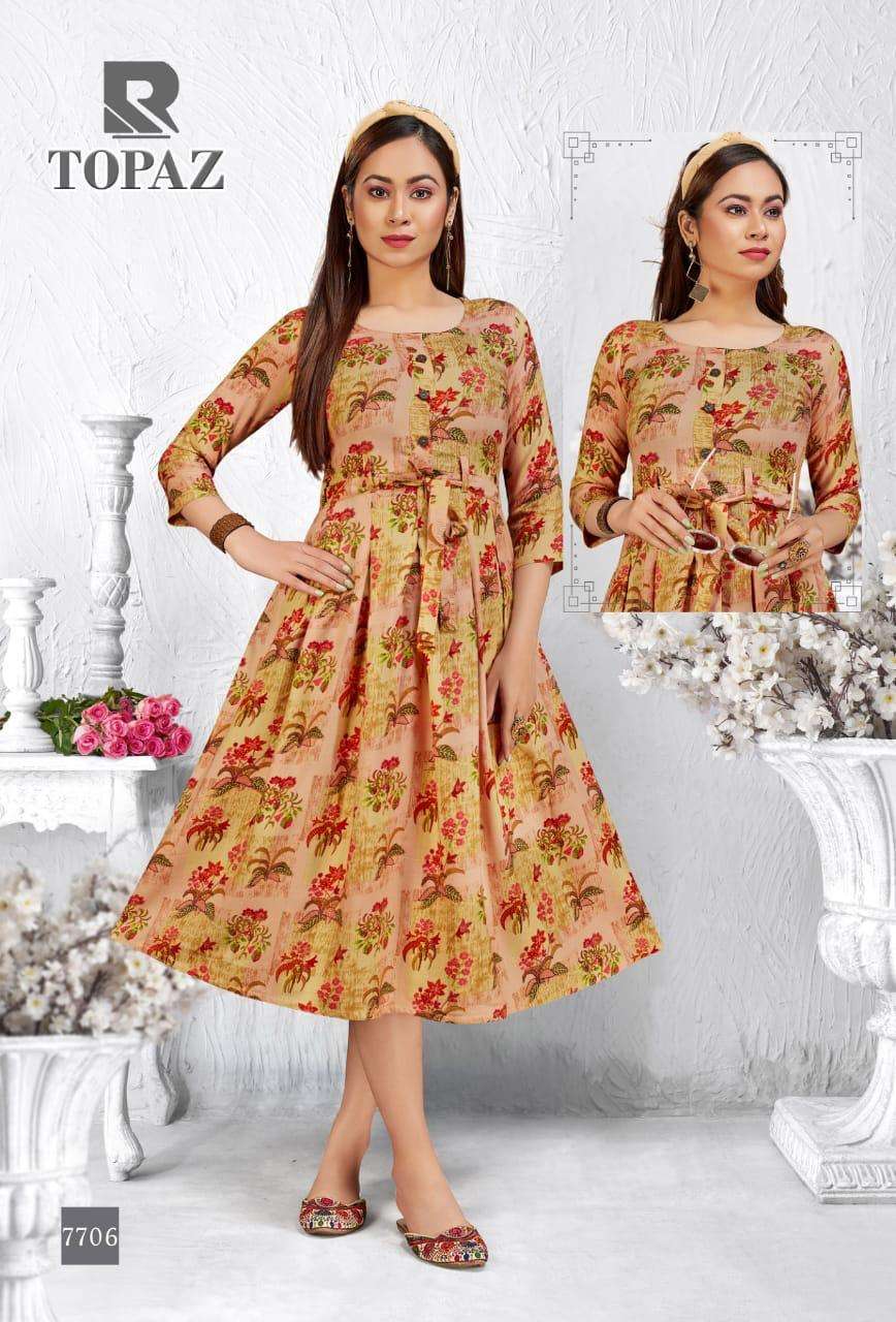 TOPAZ BY RAASHI 7701 TO 7708 SERIES BEAUTIFUL STYLISH FANCY COLORFUL CASUAL WEAR & ETHNIC WEAR & READY TO WEAR RAYON PRINTED KURTIS AT WHOLESALE PRICE