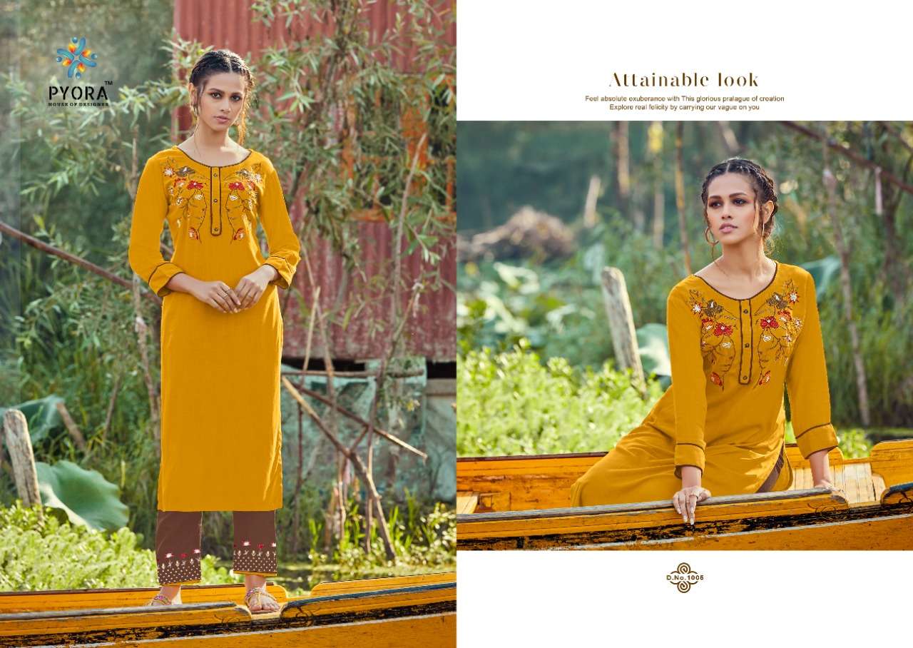 PANTHEE BY PYORA 1001 TO 1006 SERIES DESIGNER STYLISH FANCY COLORFUL BEAUTIFUL PARTY WEAR & ETHNIC WEAR COLLECTION PURE RAYON SLUB EMBROIDERY KURTIS WITH BOTTOM AT WHOLESALE PRICE