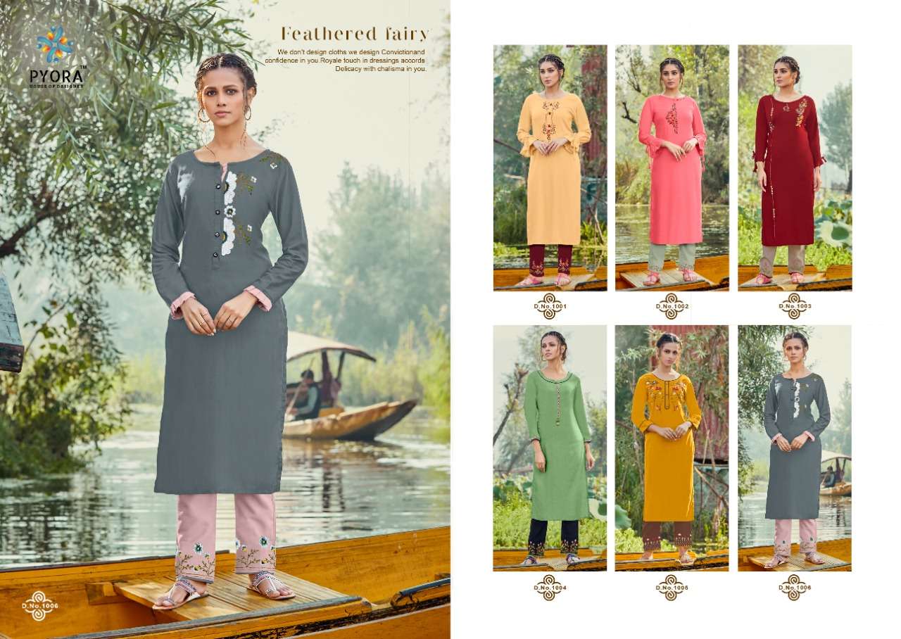 PANTHEE BY PYORA 1001 TO 1006 SERIES DESIGNER STYLISH FANCY COLORFUL BEAUTIFUL PARTY WEAR & ETHNIC WEAR COLLECTION PURE RAYON SLUB EMBROIDERY KURTIS WITH BOTTOM AT WHOLESALE PRICE