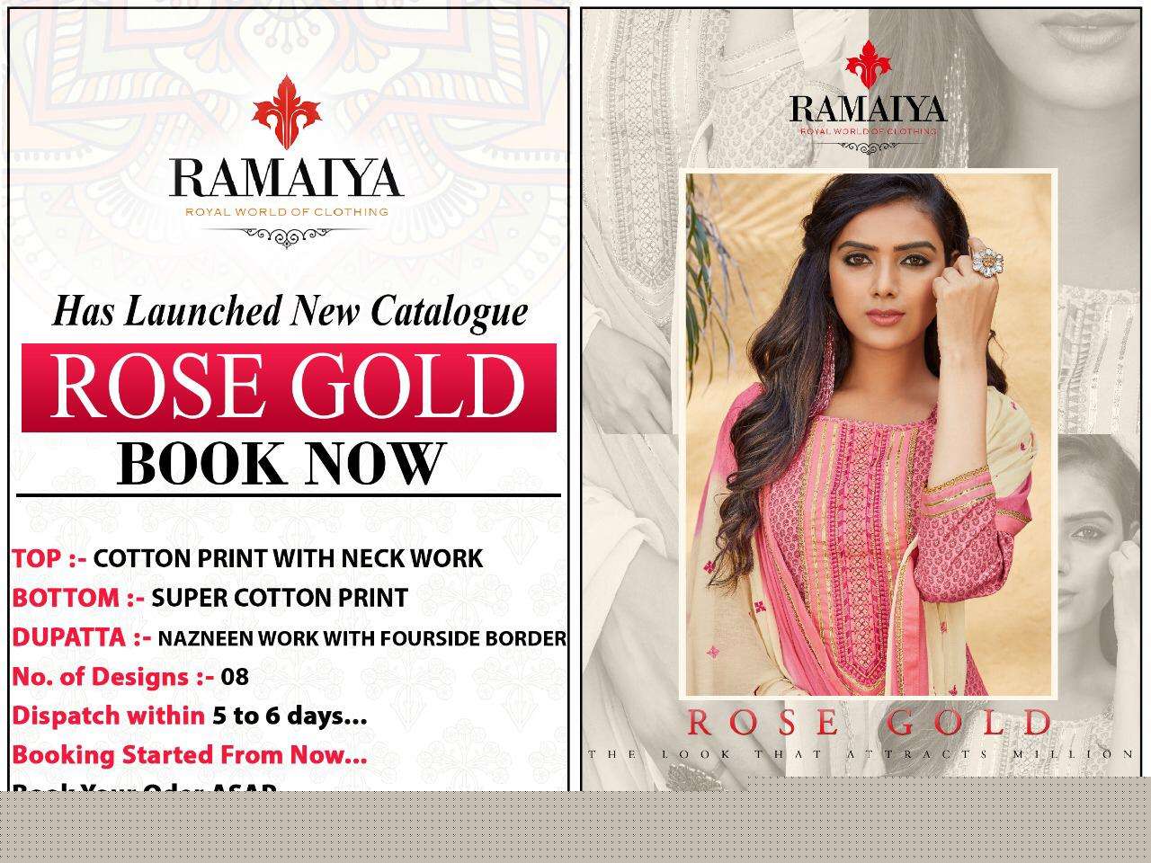 ROSE GOLD BY RAMAIYA 11051 TO 11058 SERIES BEAUTIFUL WINTER COLLECTION SUITS STYLISH FANCY COLORFUL CASUAL WEAR & ETHNIC WEAR COTTON PRINT WITH WORK DRESSES AT WHOLESALE PRICE