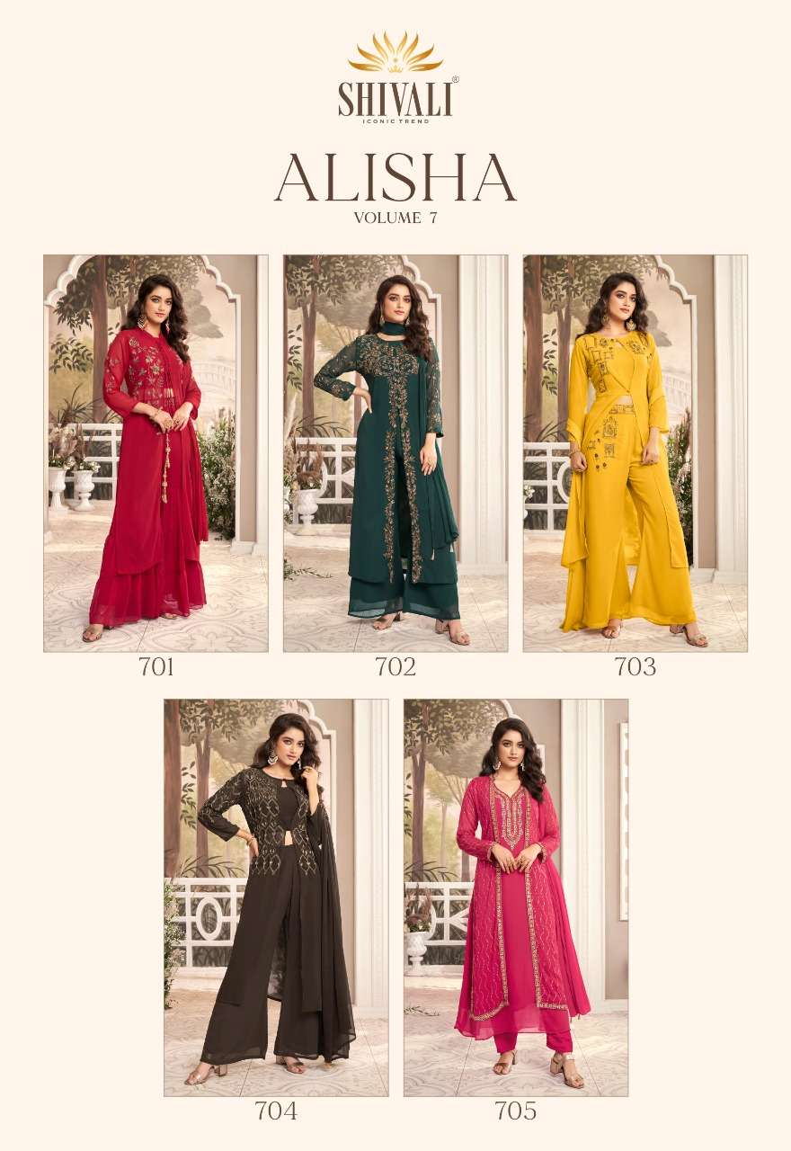 ALISHA VOL-76 BY SHIVALI 701 TO 705 SERIES BEAUTIFUL SUITS STYLISH FANCY COLORFUL CASUAL WEAR & ETHNIC WEAR FANCY DRESSES AT WHOLESALE PRICE