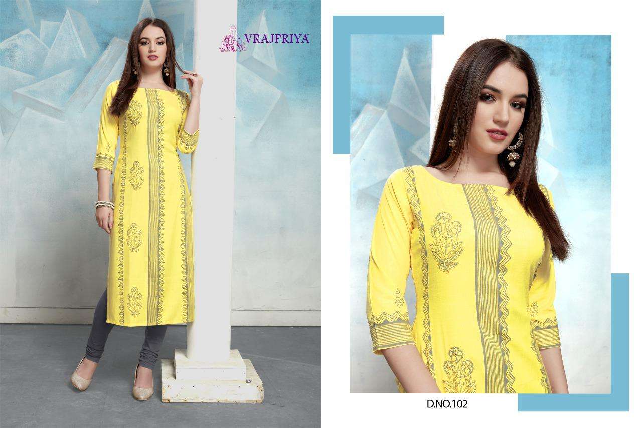 RADHIKA VOL-1 BY VRAJPRIYA 101 TO 105 SERIES DESIGNER STYLISH FANCY COLORFUL BEAUTIFUL PARTY WEAR & ETHNIC WEAR COLLECTION RAYON EMBROIDERY KURTIS AT WHOLESALE PRICE