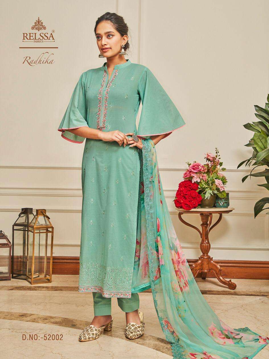 RADHIKA BY RELSSA FABRICS 52001 TO 52006 SERIES BEAUTIFUL STYLISH SHARARA SUITS FANCY COLORFUL CASUAL WEAR & ETHNIC WEAR & READY TO WEAR SUPERIOR COTTON LAWN EMBROIDERED DRESSES AT WHOLESALE PRICE