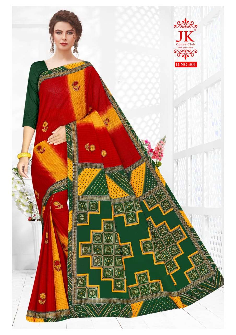 KANGANA VOL-3 BY JK COTTON CLUB 301 TO 312 SERIES INDIAN TRADITIONAL WEAR COLLECTION BEAUTIFUL STYLISH FANCY COLORFUL PARTY WEAR & OCCASIONAL WEAR PURE COTTON SAREES AT WHOLESALE PRICE