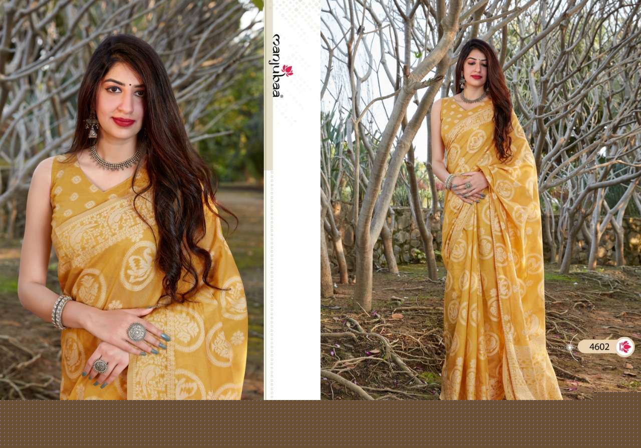 MUSKAAN SILK BY MANJUBAA CLOTHING 4601 TO 4606 SERIES INDIAN TRADITIONAL WEAR COLLECTION BEAUTIFUL STYLISH FANCY COLORFUL PARTY WEAR & OCCASIONAL WEAR BANARASI COTTON SAREES AT WHOLESALE PRICE