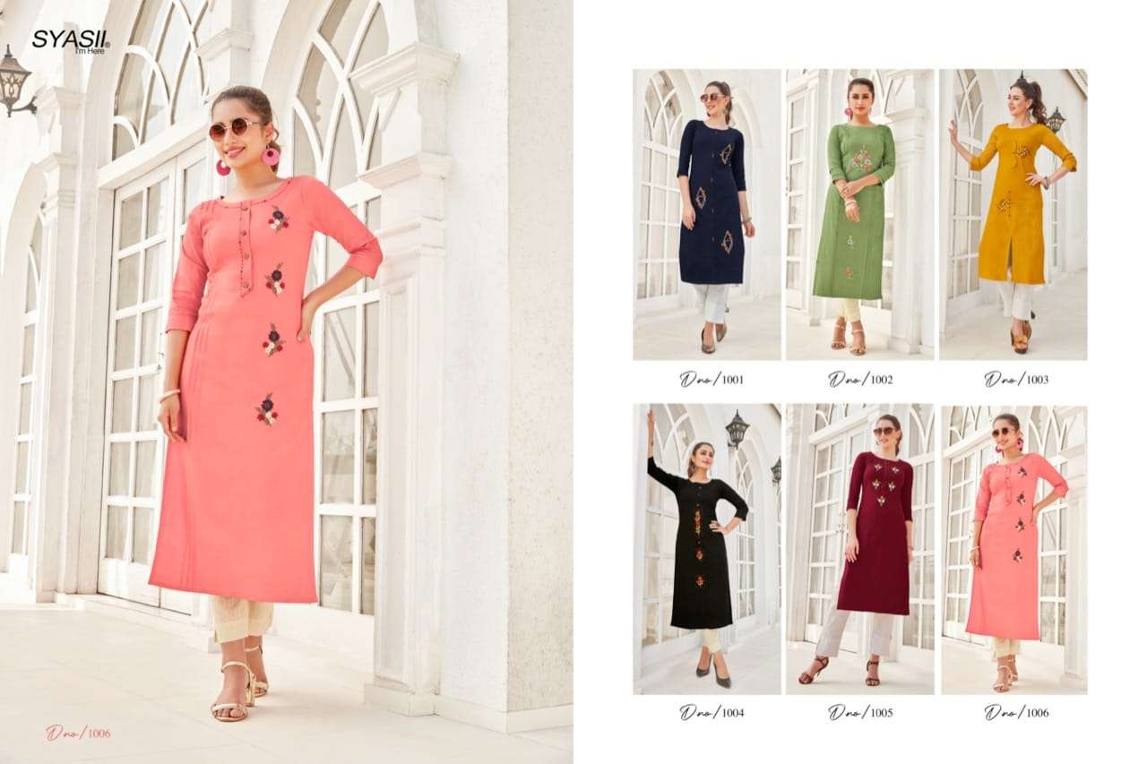 ANCY BY SYASII 1001 TO 1006 SERIES DESIGNER STYLISH FANCY COLORFUL BEAUTIFUL PARTY WEAR & ETHNIC WEAR COLLECTION RAYON SLUB LYCRA KURTIS AT WHOLESALE PRICE
