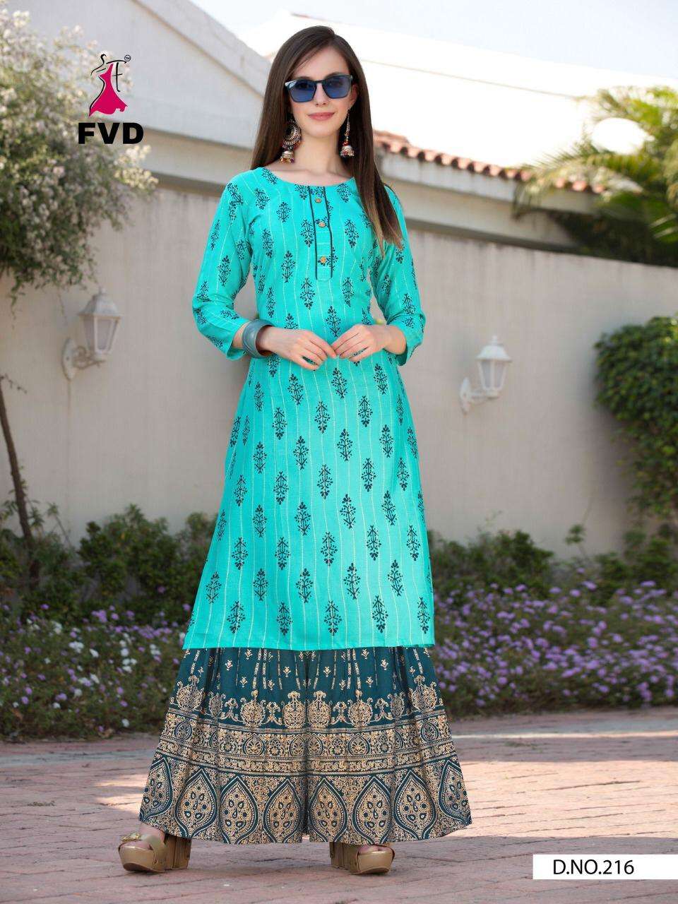 COLOURFULL VOL-1 BY FVD 212 TO 218 SERIES DESIGNER STYLISH FANCY COLORFUL BEAUTIFUL PARTY WEAR & ETHNIC WEAR COLLECTION RAYON FOIL PRINT KURTIS WITH BOTTOM AT WHOLESALE PRICE
