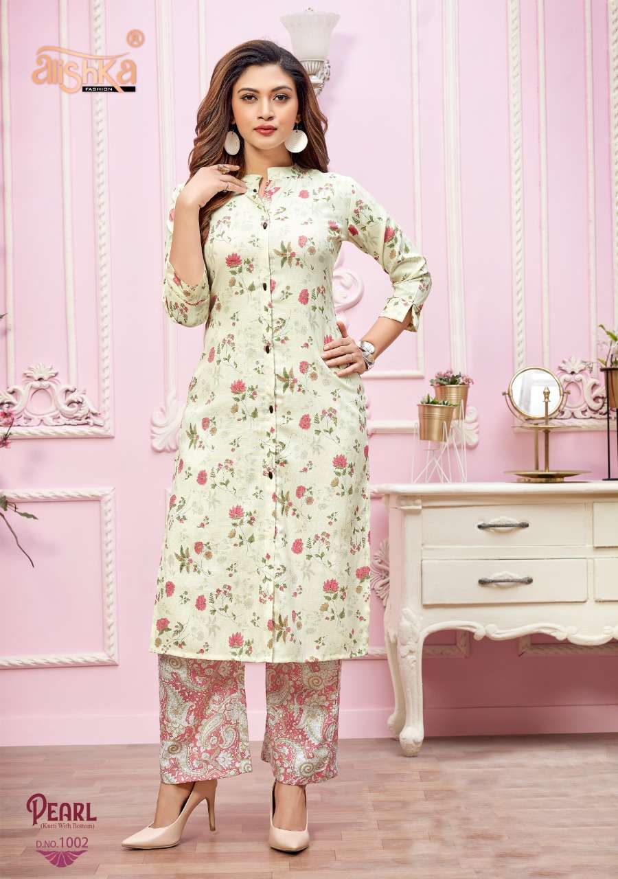 PEARL BY ALISHKA FASHION 1001 TO 1004 SERIES BEAUTIFUL SUITS STYLISH FANCY COLORFUL PARTY WEAR & OCCASIONAL WEAR RAYON SLUB KURTIS WITH BOTTOM AT WHOLESALE PRICE
