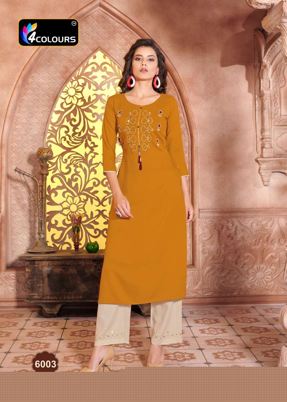 VINTAGE BY 4 COLOURS 6001 TO 6006 SERIES DESIGNER STYLISH FANCY COLORFUL BEAUTIFUL PARTY WEAR & ETHNIC WEAR COLLECTION HEAVY RAYON KURTIS WITH BOTTOM AT WHOLESALE PRICE