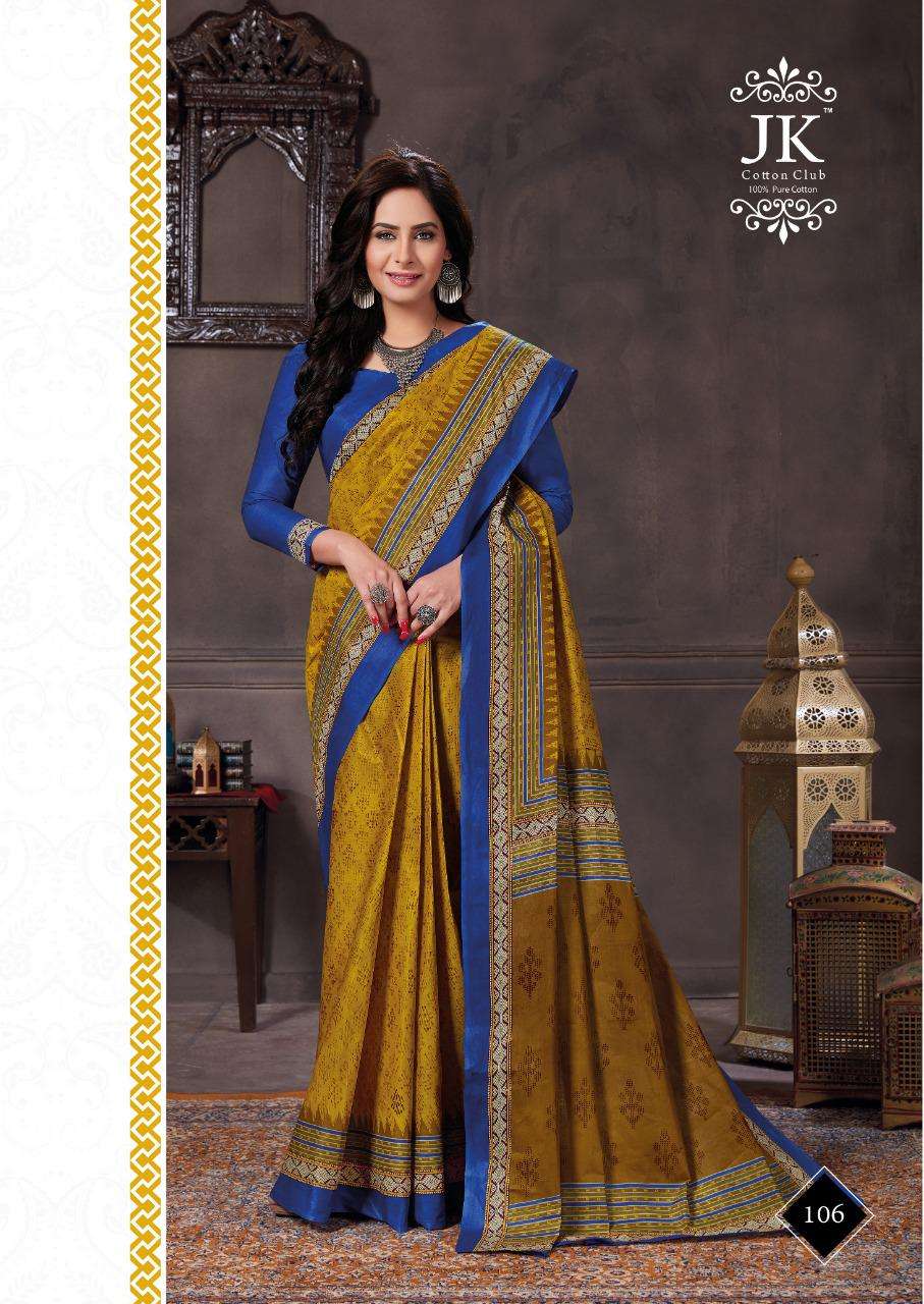 KESHAR PISTA VOL-1 BY JK COTTON CLUB 101 TO 120 SERIES INDIAN TRADITIONAL WEAR COLLECTION BEAUTIFUL STYLISH FANCY COLORFUL PARTY WEAR & OCCASIONAL WEAR PURE COTTON SAREES AT WHOLESALE PRICE
