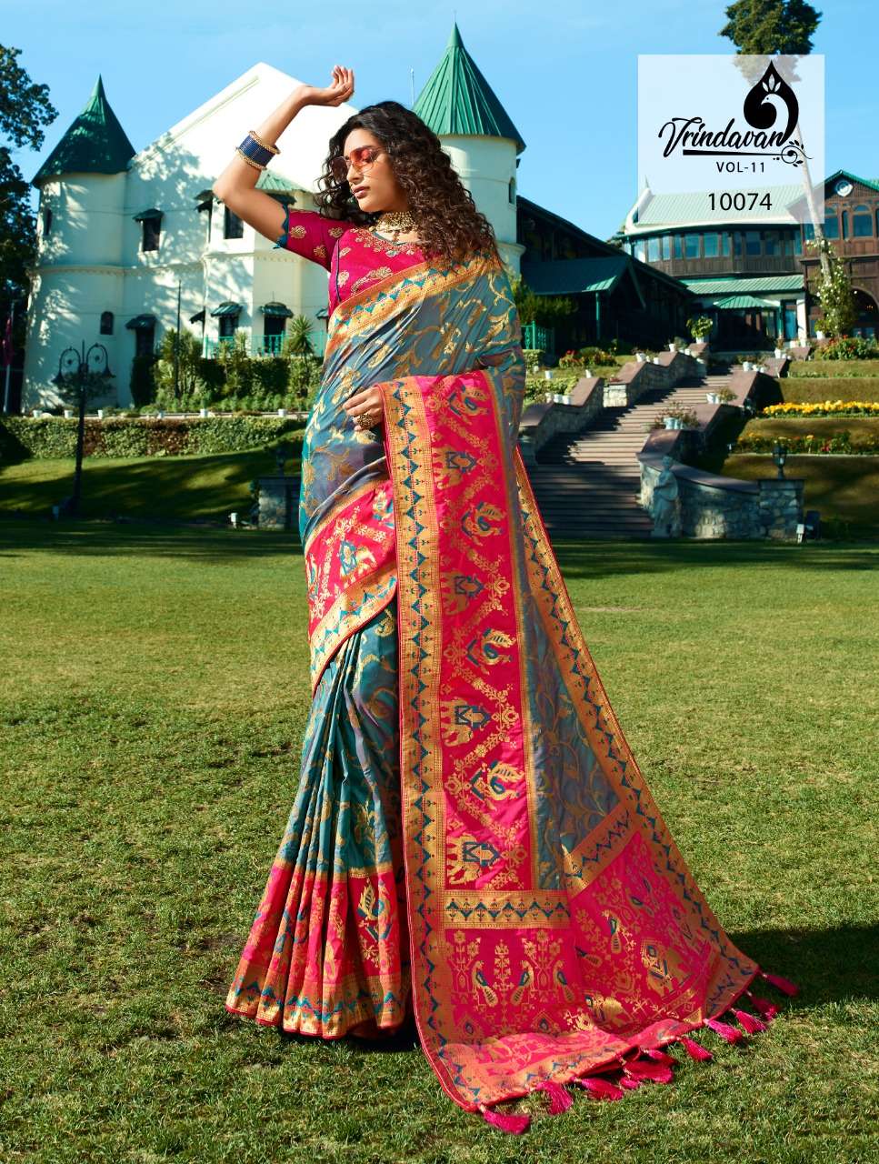 VRINDAVAN VOL-11 BY VRINDAVAN 10073 TO 10087 SERIES INDIAN TRADITIONAL WEAR COLLECTION BEAUTIFUL STYLISH FANCY COLORFUL PARTY WEAR & OCCASIONAL WEAR FANCY SAREES AT WHOLESALE PRICE