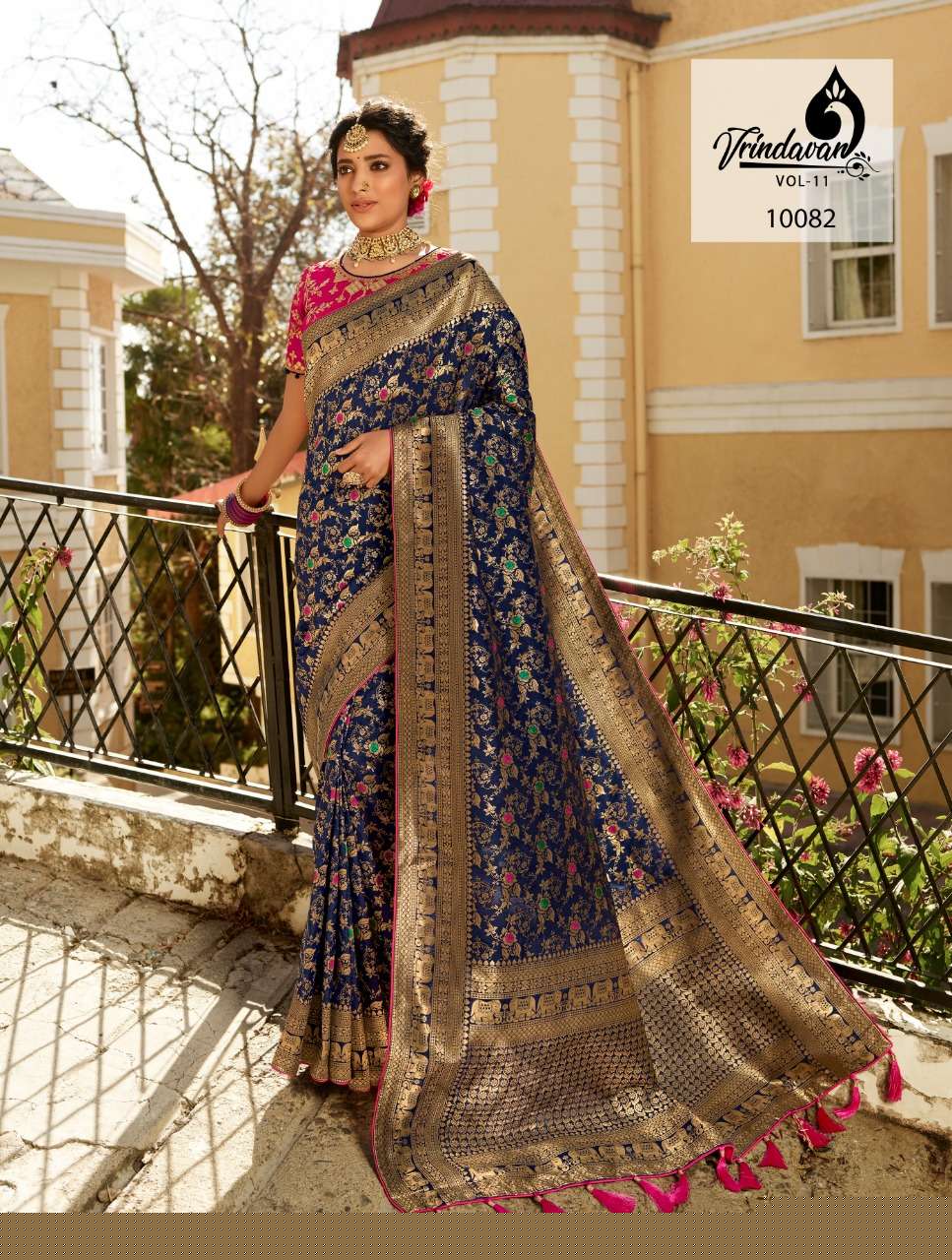 VRINDAVAN VOL-11 BY VRINDAVAN 10073 TO 10087 SERIES INDIAN TRADITIONAL WEAR COLLECTION BEAUTIFUL STYLISH FANCY COLORFUL PARTY WEAR & OCCASIONAL WEAR FANCY SAREES AT WHOLESALE PRICE