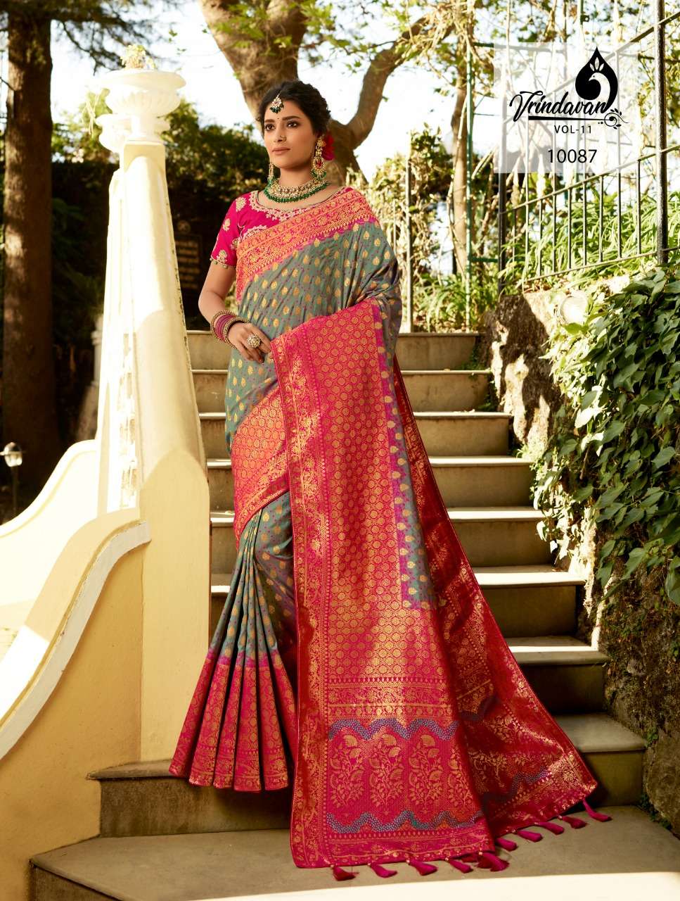 VRINDAVAN VOL-11 BY VRINDAVAN 10073 TO 10087 SERIES INDIAN TRADITIONAL WEAR COLLECTION BEAUTIFUL STYLISH FANCY COLORFUL PARTY WEAR & OCCASIONAL WEAR FANCY SAREES AT WHOLESALE PRICE