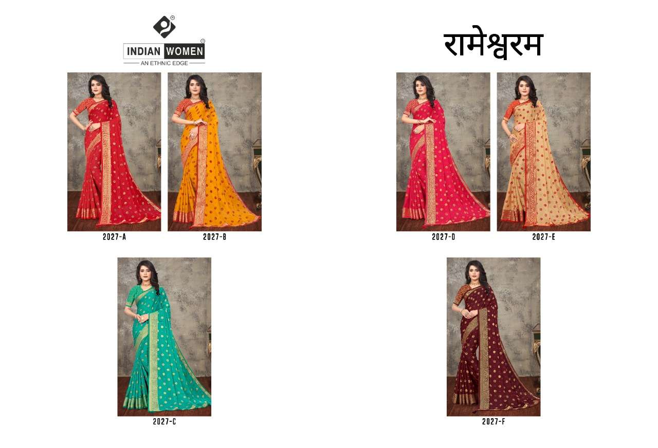 RAMESHWARAM BY INDIAN WOMEN 2027-A TO 2027-F SERIES INDIAN TRADITIONAL WEAR COLLECTION BEAUTIFUL STYLISH FANCY COLORFUL PARTY WEAR & OCCASIONAL WEAR JACQAURD SILK SAREES AT WHOLESALE PRICE