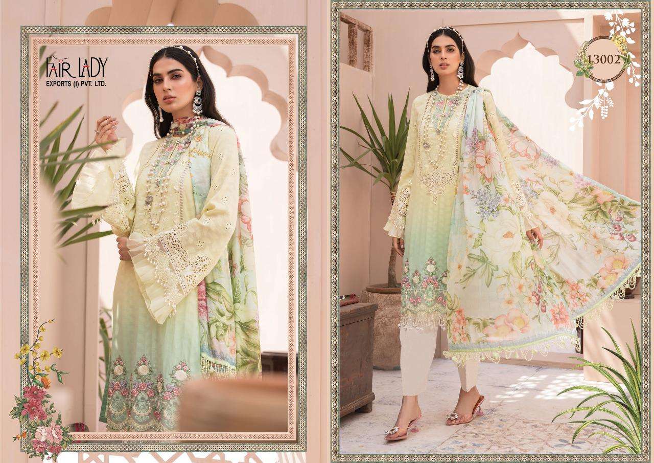 MARIA.B. LAWN 13001 SERIES BY FAIR LADY 13001 TO 13007 SERIES DESIGNER FESTIVE PAKISTANI SUITS COLLECTION BEAUTIFUL STYLISH FANCY COLORFUL PARTY WEAR & OCCASIONAL WEAR LAWN COTTON PRINT WITH EMBROIDERED DRESSES AT WHOLESALE PRICE