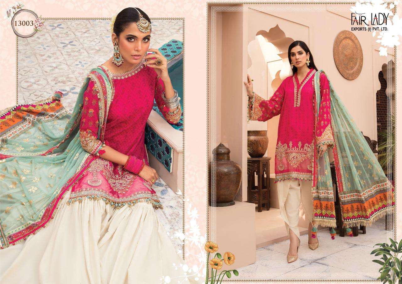 MARIA.B. LAWN 13001 SERIES BY FAIR LADY 13001 TO 13007 SERIES DESIGNER FESTIVE PAKISTANI SUITS COLLECTION BEAUTIFUL STYLISH FANCY COLORFUL PARTY WEAR & OCCASIONAL WEAR LAWN COTTON PRINT WITH EMBROIDERED DRESSES AT WHOLESALE PRICE
