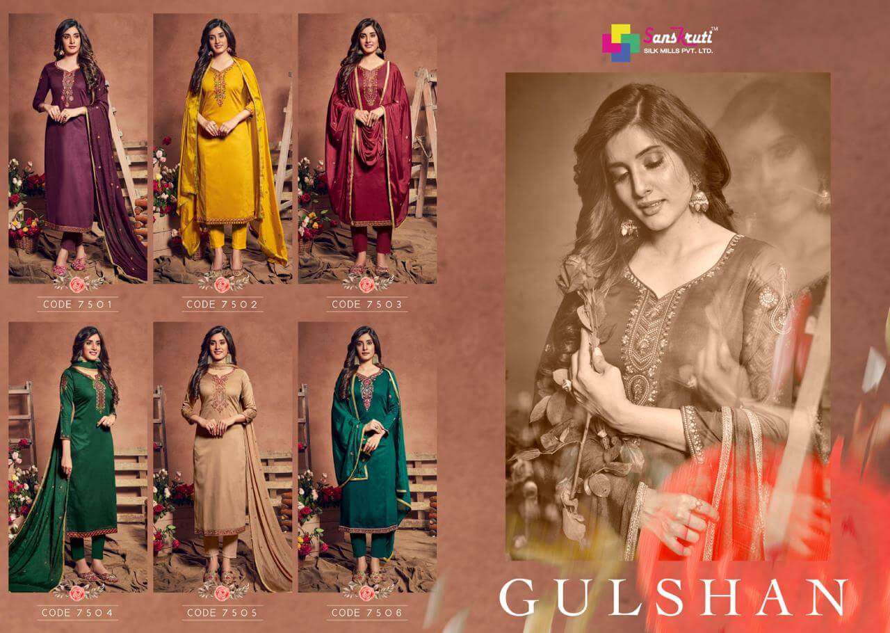 GULSHAN BY SANSKRUTI SILK MILLS 7501 TO 7506 SERIES BEAUTIFUL STYLISH SUITS FANCY COLORFUL CASUAL WEAR & ETHNIC WEAR & READY TO WEAR PURE JAM SILK DRESSES AT WHOLESALE PRICE
