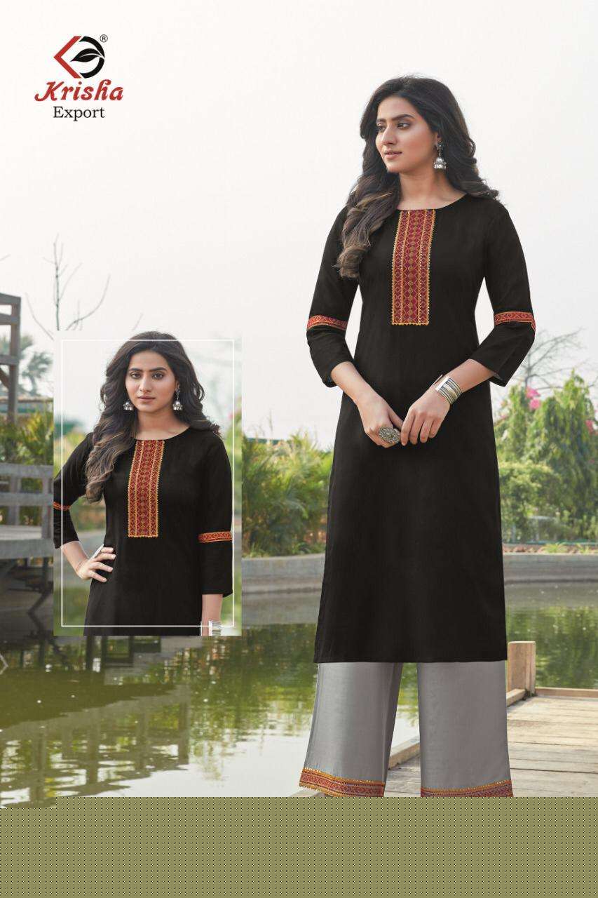 VANSHIKA BY KRISHA EXPORTS 1101 TO 1104 SERIES DESIGNER STYLISH FANCY COLORFUL BEAUTIFUL PARTY WEAR & ETHNIC WEAR COLLECTION RAYON EMBROIDERY KURTIS WITH BOTTOM AT WHOLESALE PRICE