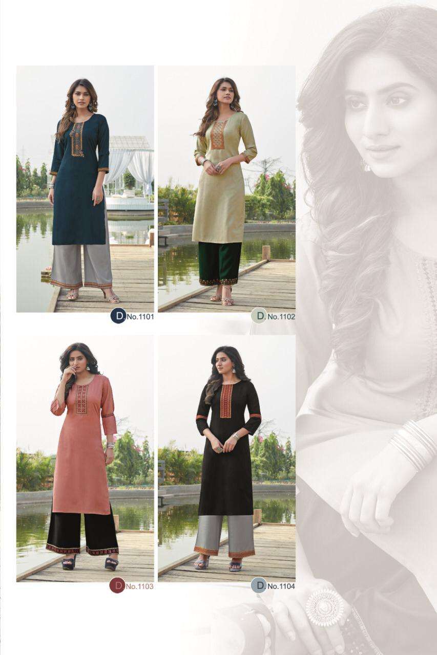 VANSHIKA BY KRISHA EXPORTS 1101 TO 1104 SERIES DESIGNER STYLISH FANCY COLORFUL BEAUTIFUL PARTY WEAR & ETHNIC WEAR COLLECTION RAYON EMBROIDERY KURTIS WITH BOTTOM AT WHOLESALE PRICE