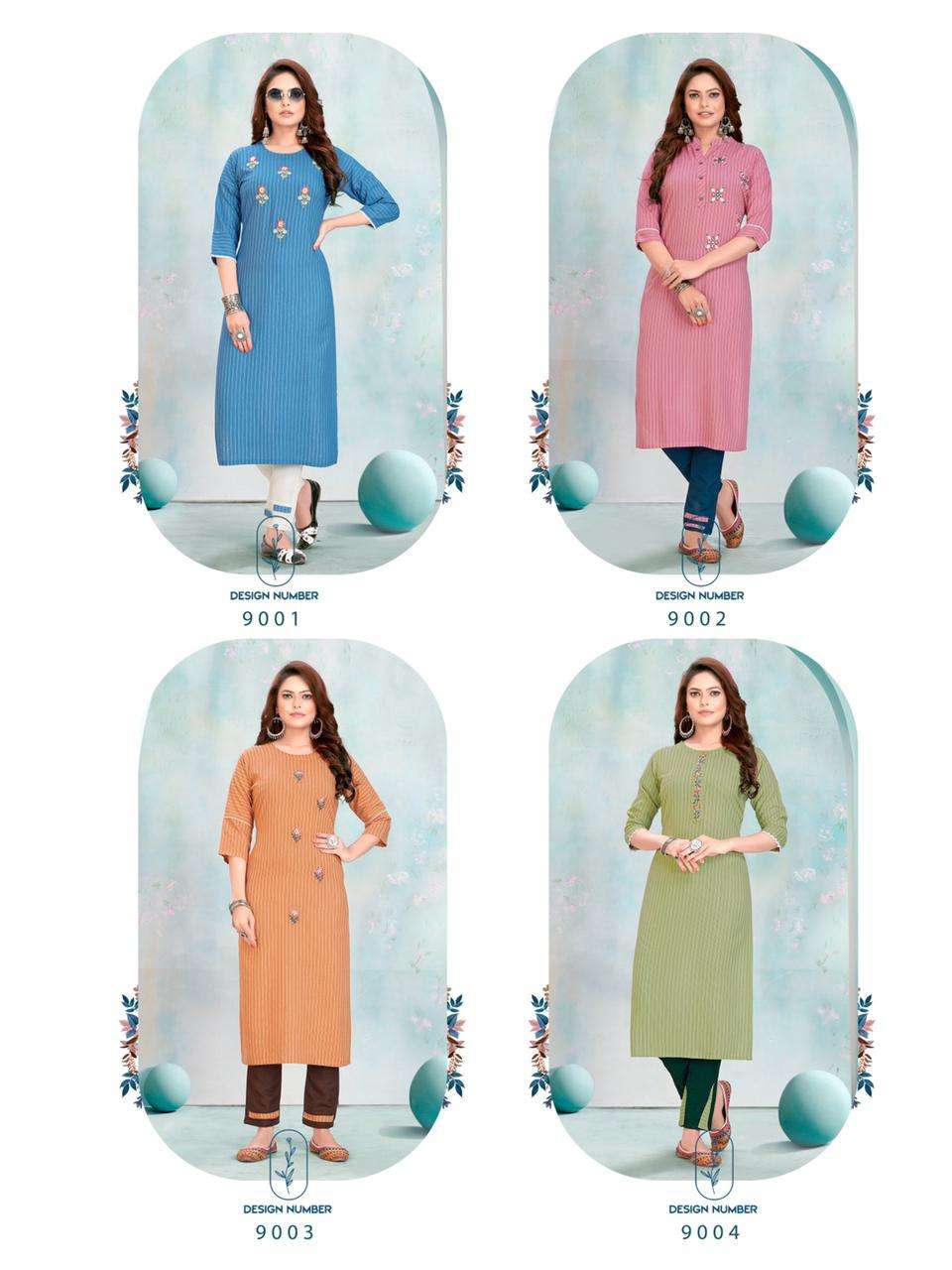 SPRING BY RT 9001 TO 9006 SERIES DESIGNER STYLISH FANCY COLORFUL BEAUTIFUL PARTY WEAR & ETHNIC WEAR COLLECTION VISCOSE RAYON EMBROIDERY KURTIS WITH BOTTOM AT WHOLESALE PRICE