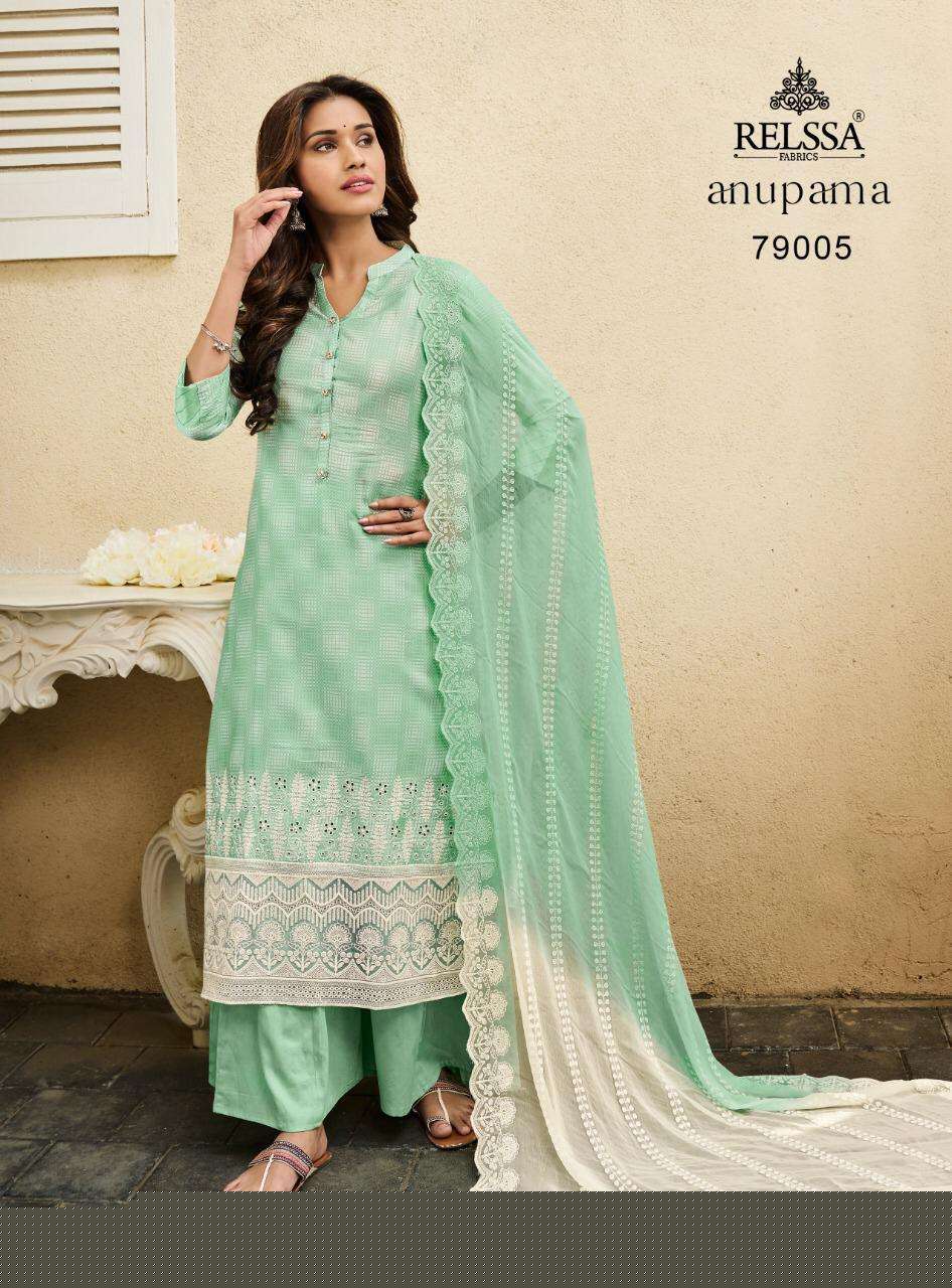 ANUPAMA BY RELSSA FABRICS 79001 TO 79006 SERIES BEAUTIFUL STYLISH SHARARA SUITS FANCY COLORFUL CASUAL WEAR & ETHNIC WEAR & READY TO WEAR COTTON EMBROIDERED DRESSES AT WHOLESALE PRICE