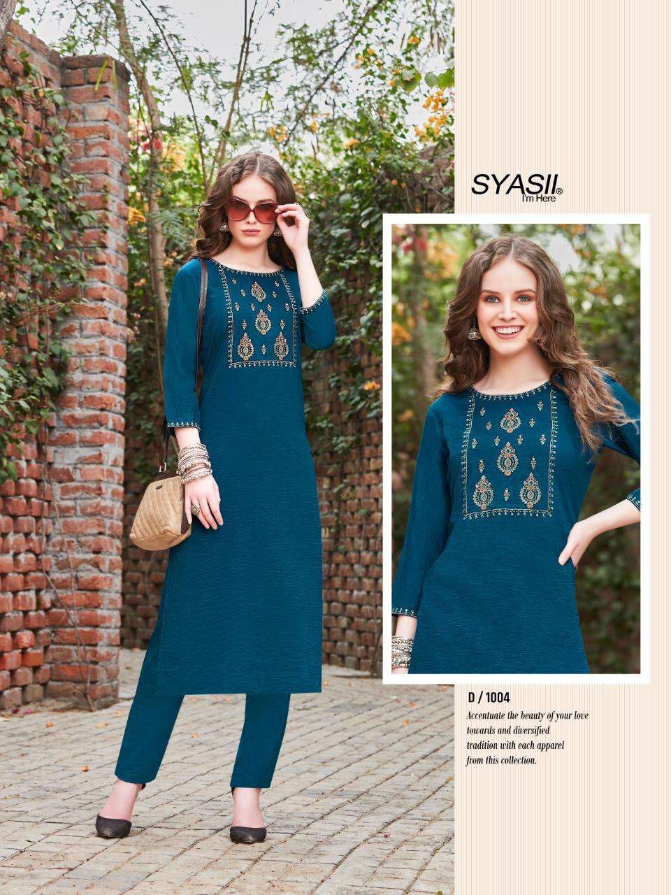 RAYASA BY SYASII 1001 TO 1008 SERIES DESIGNER STYLISH FANCY COLORFUL BEAUTIFUL PARTY WEAR & ETHNIC WEAR COLLECTION PURE CHINNON EMBROIDERY KURTIS WITH BOTTOM AT WHOLESALE PRICE