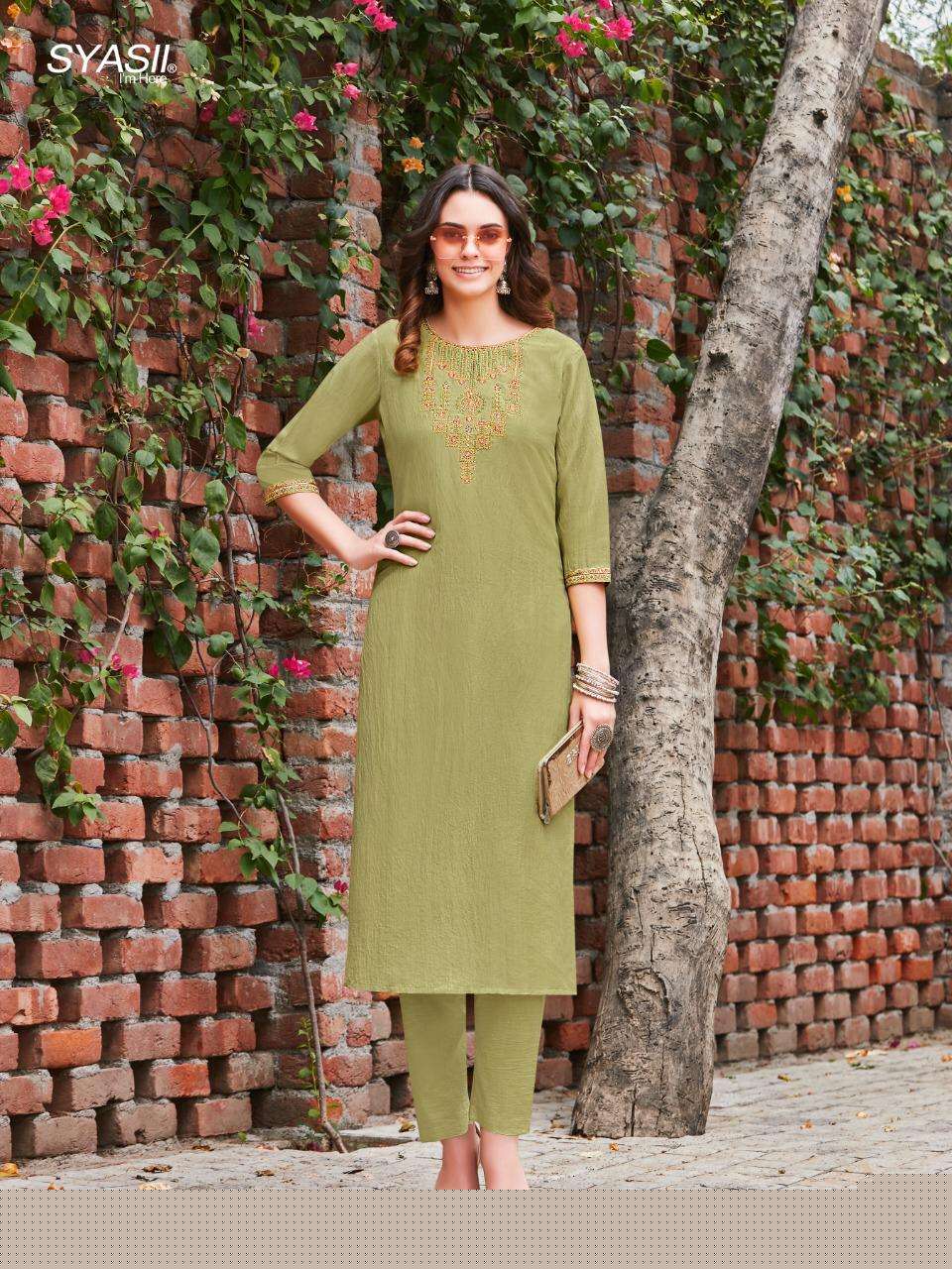RAYASA BY SYASII 1001 TO 1008 SERIES DESIGNER STYLISH FANCY COLORFUL BEAUTIFUL PARTY WEAR & ETHNIC WEAR COLLECTION PURE CHINNON EMBROIDERY KURTIS WITH BOTTOM AT WHOLESALE PRICE