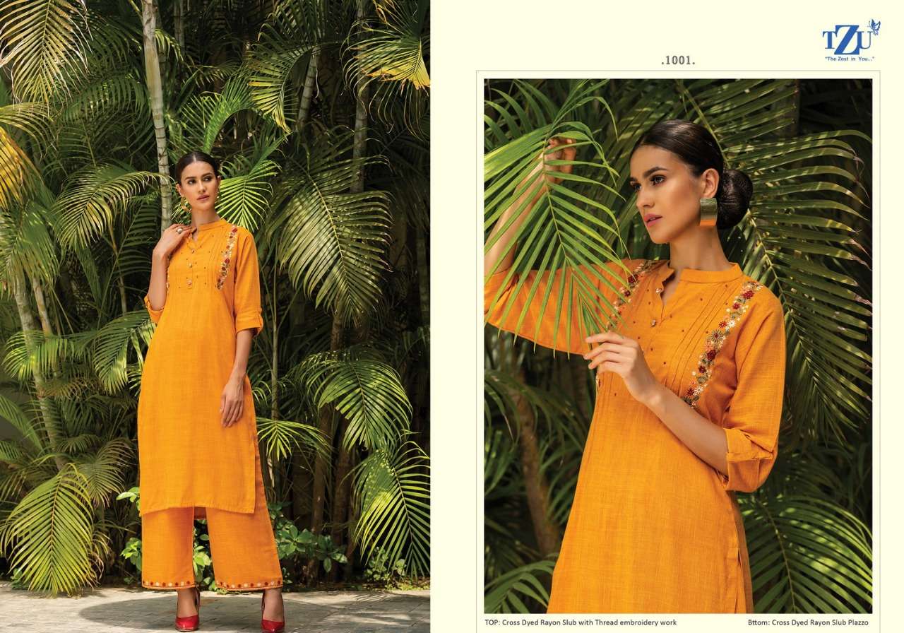 GLAZED BY TZU 1001 TO 1004 SERIES DESIGNER STYLISH FANCY COLORFUL BEAUTIFUL PARTY WEAR & ETHNIC WEAR COLLECTION RAYON SLUB EMBROIDERY KURTIS WITH BOTTOM AT WHOLESALE PRICE