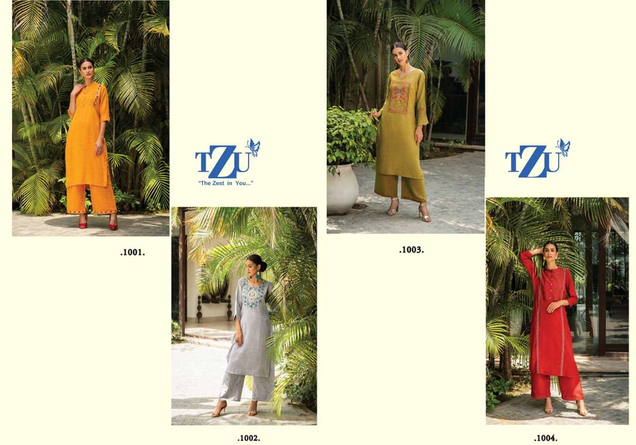 GLAZED BY TZU 1001 TO 1004 SERIES DESIGNER STYLISH FANCY COLORFUL BEAUTIFUL PARTY WEAR & ETHNIC WEAR COLLECTION RAYON SLUB EMBROIDERY KURTIS WITH BOTTOM AT WHOLESALE PRICE
