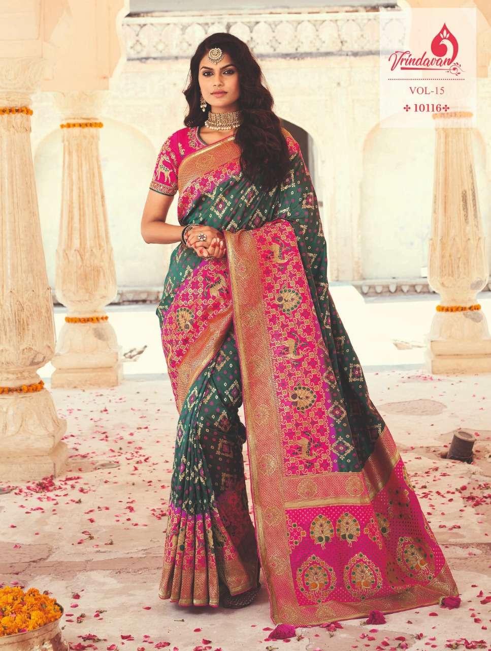 VRINDAVAN VOL-15 BY VRINDAVAN 10103 TO 10117 SERIES INDIAN TRADITIONAL WEAR COLLECTION BEAUTIFUL STYLISH FANCY COLORFUL PARTY WEAR & OCCASIONAL WEAR SILK SAREES AT WHOLESALE PRICE