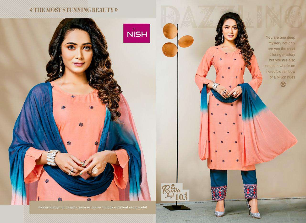 RAMTA JOGI BY NISH 101 TO 106 SERIES BEAUTIFUL SUITS COLORFUL STYLISH FANCY CASUAL WEAR & ETHNIC WEAR RAYON SLUB DRESSES AT WHOLESALE PRICE