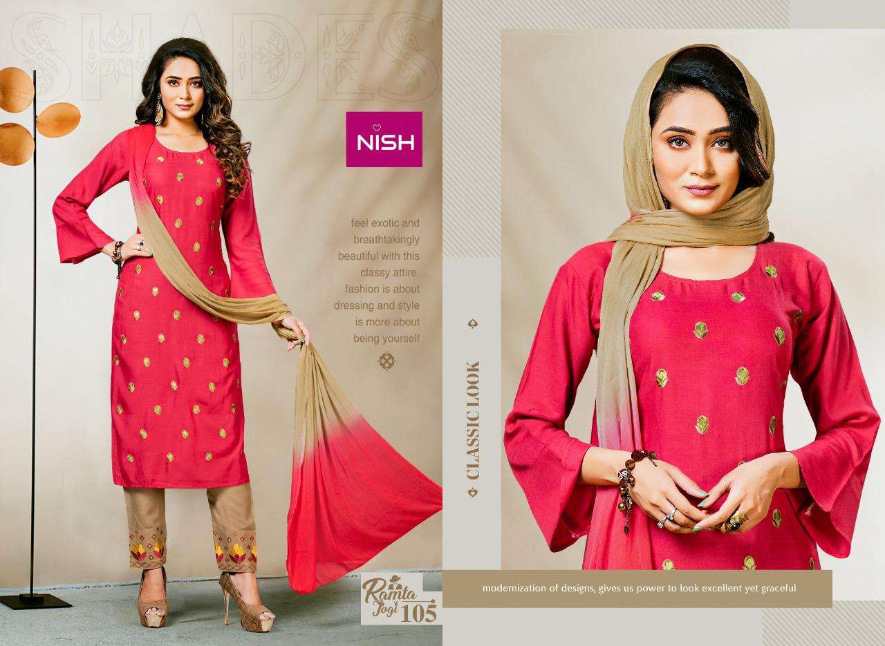 RAMTA JOGI BY NISH 101 TO 106 SERIES BEAUTIFUL SUITS COLORFUL STYLISH FANCY CASUAL WEAR & ETHNIC WEAR RAYON SLUB DRESSES AT WHOLESALE PRICE