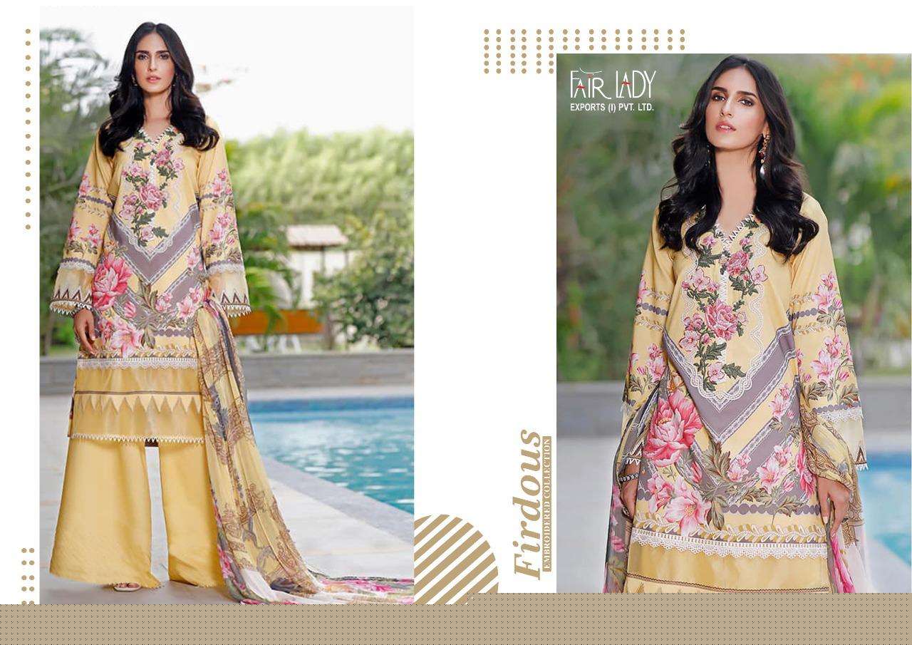 FIRDOUS EMBROIDERED COLLECTION BY FAIR LADY 22001 TO 22006 SERIES BEAUTIFUL SUITS COLORFUL STYLISH FANCY CASUAL WEAR & ETHNIC WEAR LAWN COTTON DIGITAL PRINT EMBROIDERED DRESSES AT WHOLESALE PRICE
