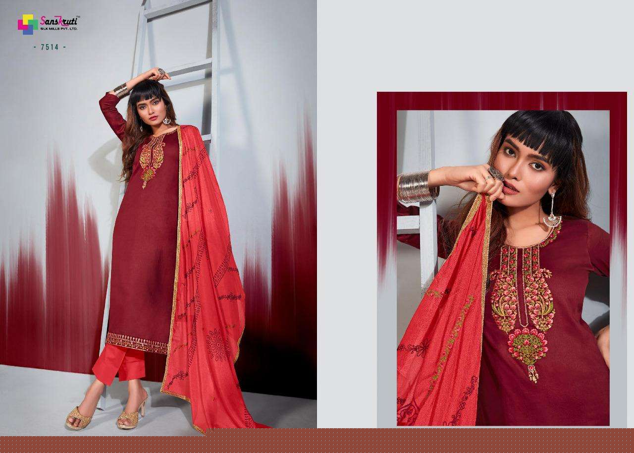 ORION BY SANSKRUTI SILK MILLS 7513 TO 7518 SERIES BEAUTIFUL SUITS COLORFUL STYLISH FANCY CASUAL WEAR & ETHNIC WEAR PURE JAM SILK EMBROIDERED DRESSES AT WHOLESALE PRICE